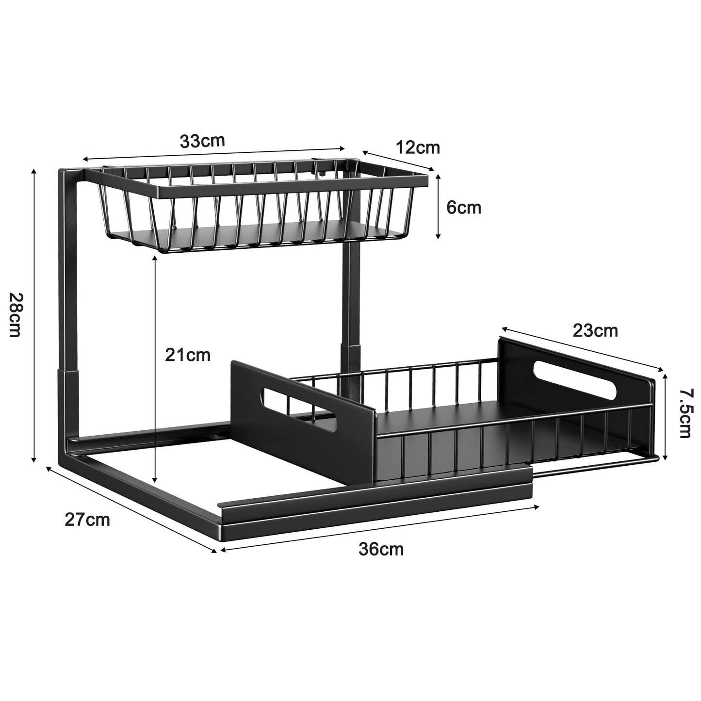 Cocolemon Metall Unter Waschbecken Regal, 2 Etagen Küche Schrank Organizer mit Schublade, Große Kapazität Unterschrankregal, Gewürzregal und Küchenhelfer für Küche, Bad, Unterschrank, Schwarz