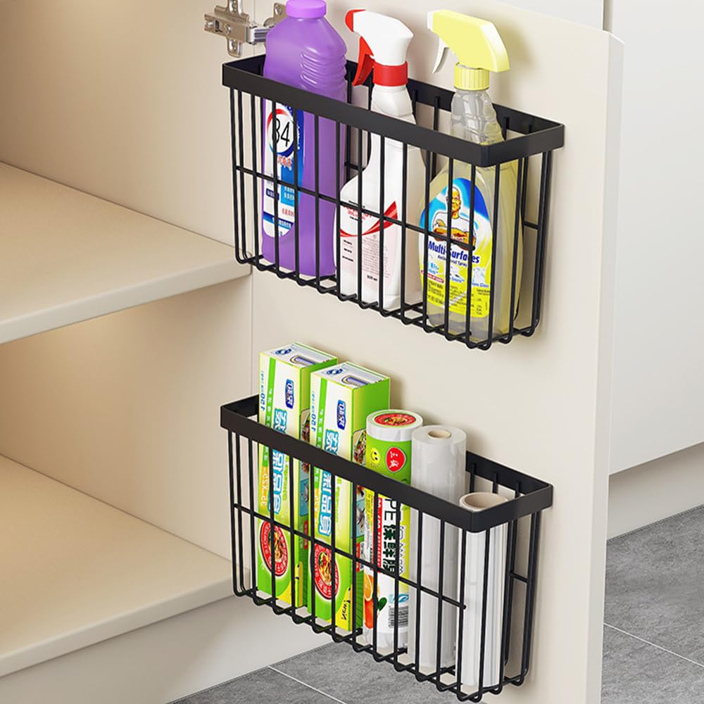 EigPluy 2 Stück Küchenschranktür-Aufbewahrungsbox,Selbstklebendes Wandmontierte Aufbewahrungsboxen, Schrank/Badezimmer/Kühlschrank Kleine Gegenstände Organizer Aufbewahrungsbox (Schwarz)