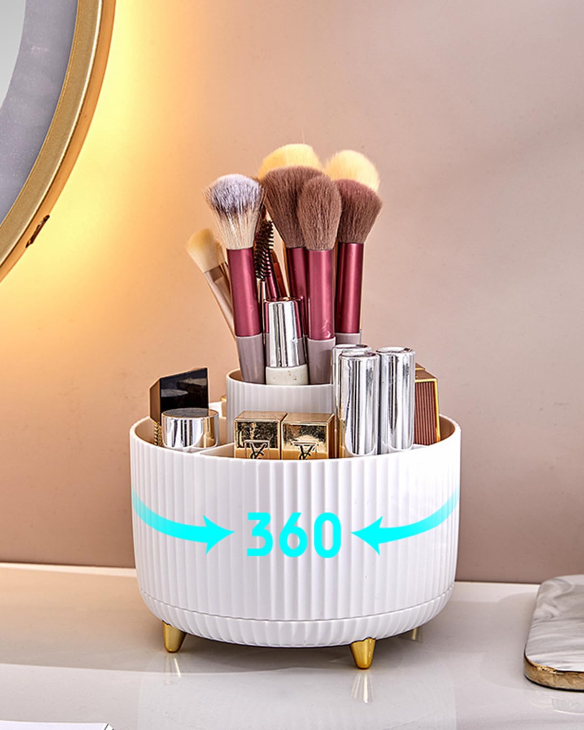 Nuangoo Kosmetik Make Up Organizer, 360°Drehbarer Pinsel Organizer,Kosmetikregal Kosmetik Organizers für Zimmer Decor Frisiertisch,Schlafzimmer,Badezimmer. (weiß)