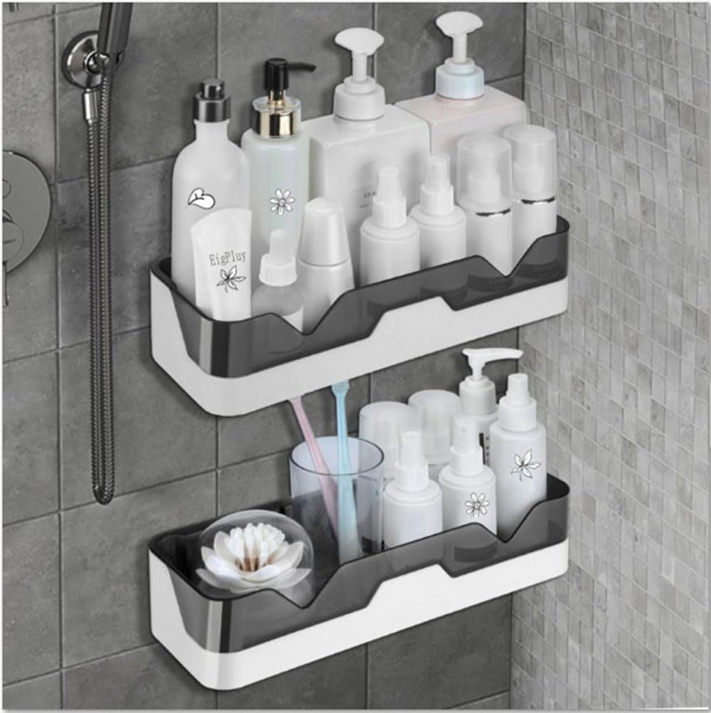 EigPluy 2 Stück Badezimmer Regal, Ohne Bohren Badezimmerregale, Duschregal Plastik Duschkörbe an der Wand montiert für Küchen und Badezimmer(mit 1-Seifenschalen und 4-Haken)