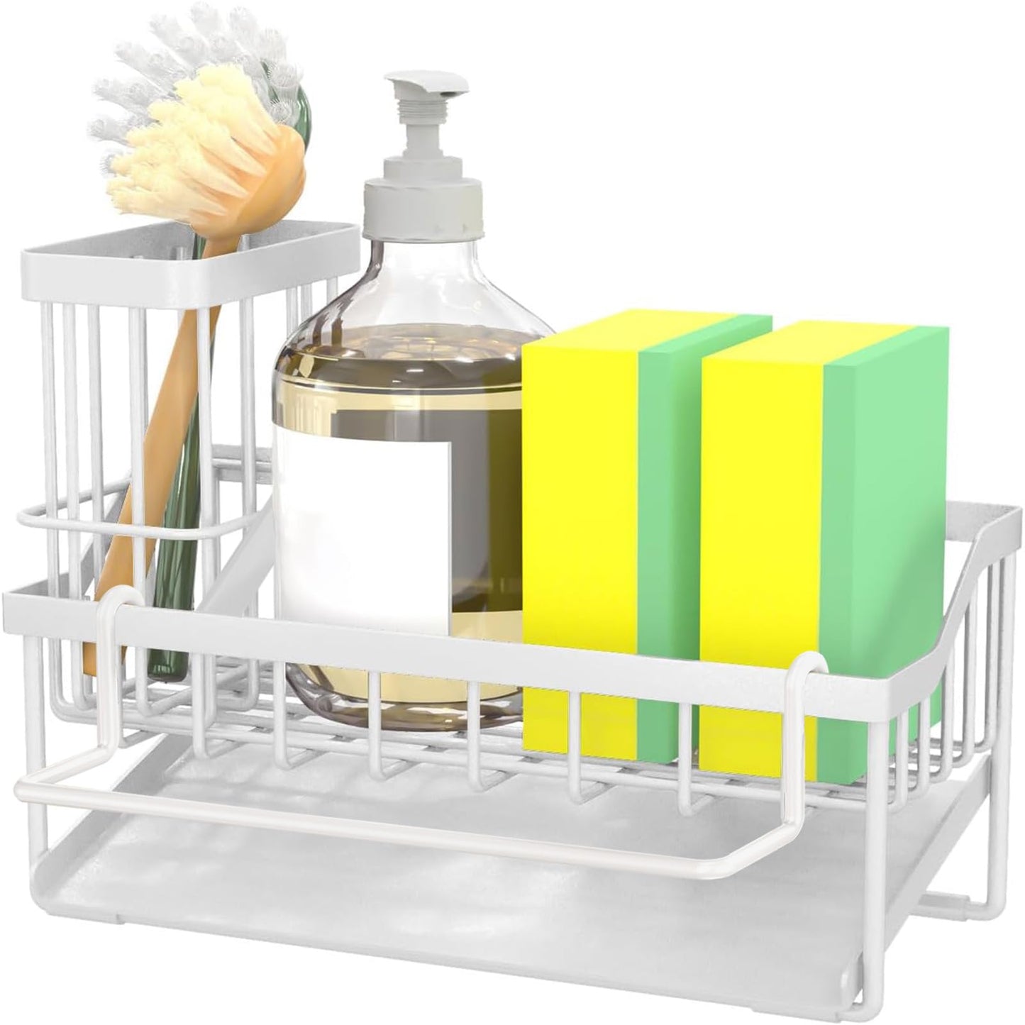 FunMacchi Spülbecken Organizer–Küchen Organizer mit Schwammhalter, Spülbürstenhalter & Geschirrtuchhalter Mit automatischem Abflusssystem Für Arbeitsplatte oder Wandmontage(Weiß)