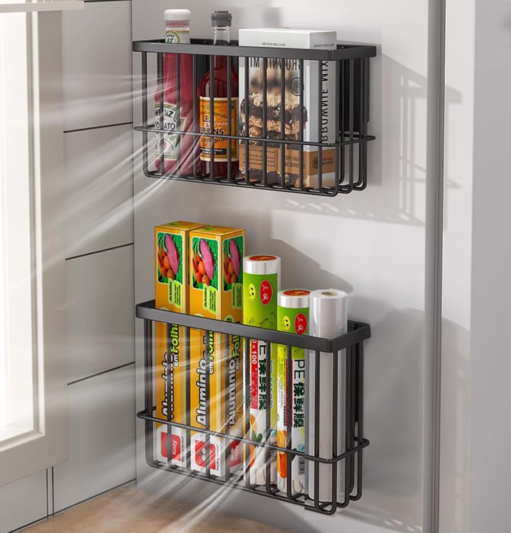 EigPluy 2 Stück Küchenschranktür-Aufbewahrungsbox,Selbstklebendes Wandmontierte Aufbewahrungsboxen, Schrank/Badezimmer/Kühlschrank Kleine Gegenstände Organizer Aufbewahrungsbox (Schwarz)
