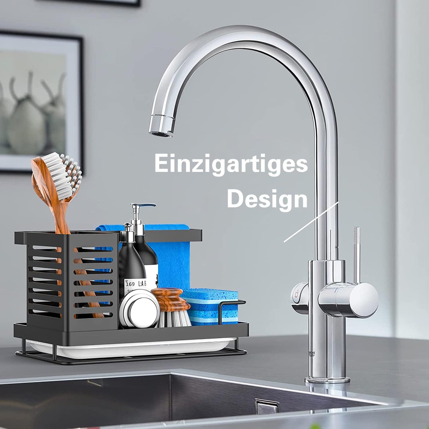 JYSDCXC Spülbecken Organizer mit Abflusspfanne,Küchenspüle Caddy Schwarz,Spülbecken Caddy für Schwämme/Bürsten/Seifen in Küche und Bad,Rutschfest,abnehmbar