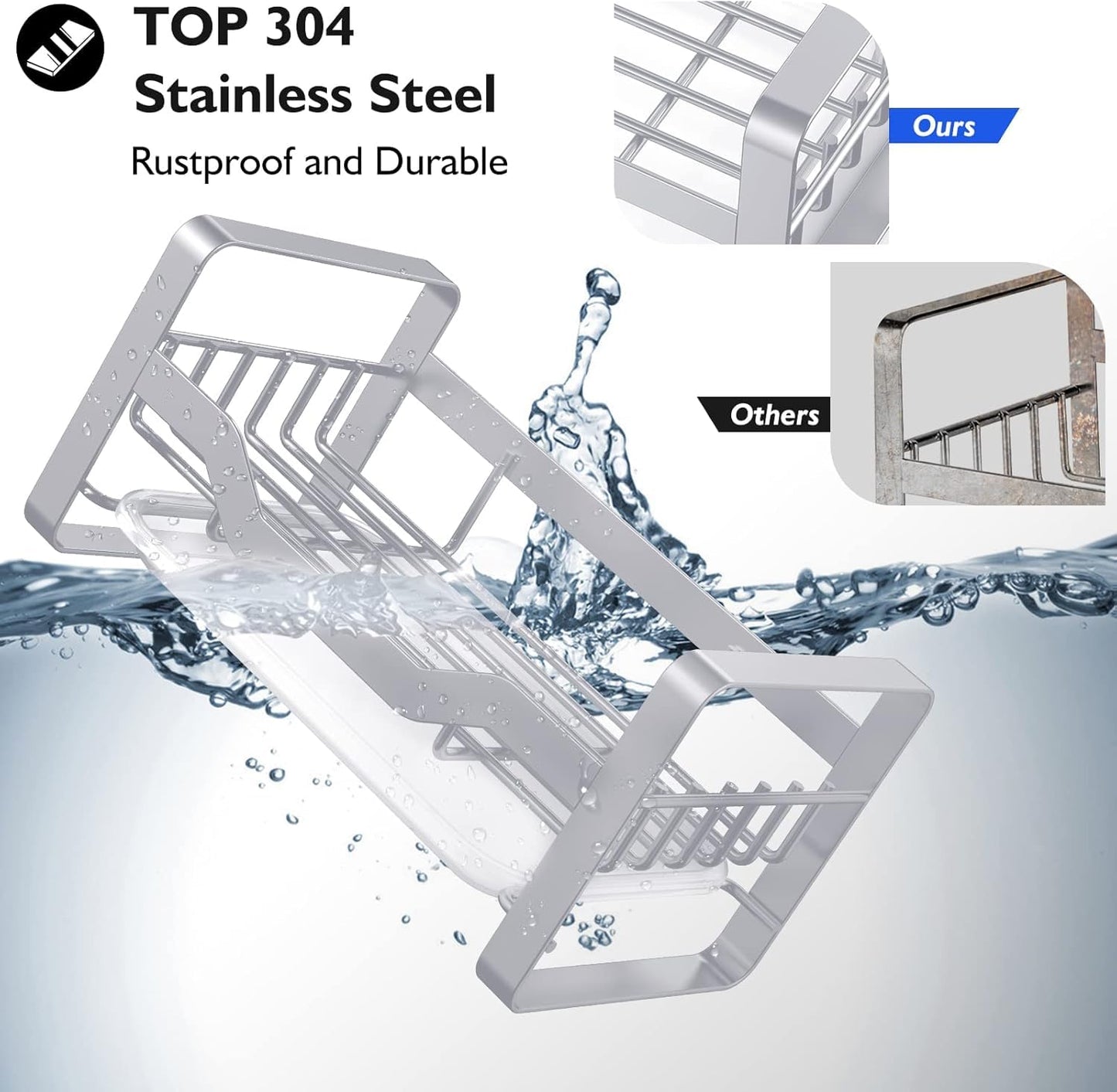 AxiwoIntl Spülbecken Organizer Küchen mit Abnehmbarer Abflusspfanne, Kitchen Sink Caddy Organizer Edelstahl Schwammhalter Spüllappenhalter Spülorganizer Spüle für Schwamm, Bürsten Seifenspender