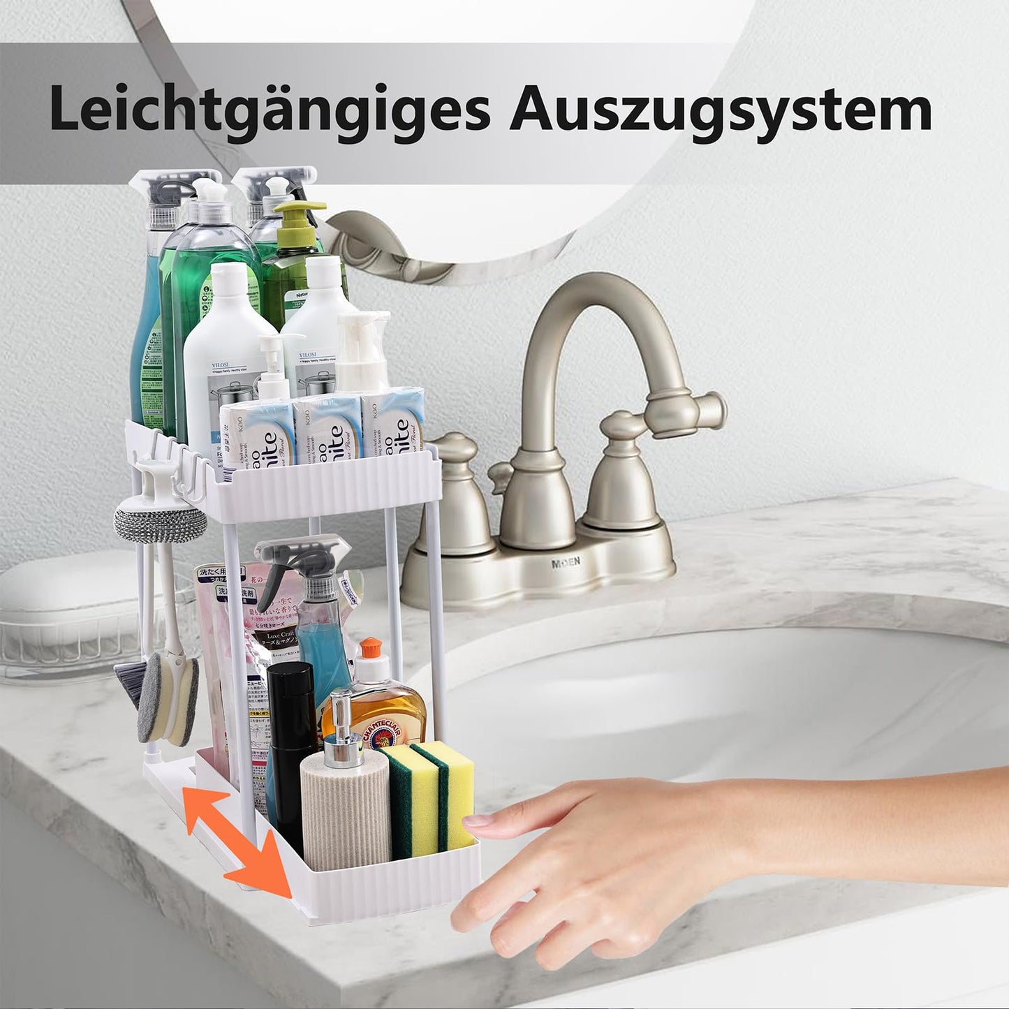 sapisecret Unter Waschbecken Regal Organizer, 2 Stufig mit 5 Haken, Spülschrank Organizer Ausziehbar, küchenschrank organizer für Spülschrank & Badezimmer (1 Pack, weiß)