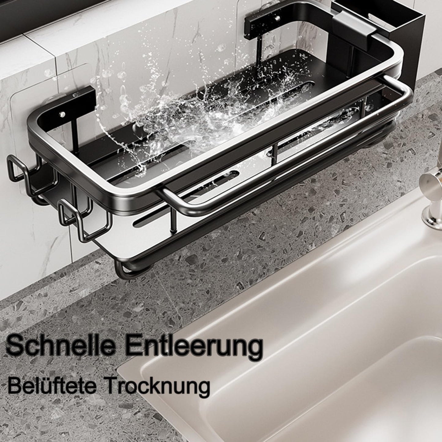 Koolkasa Küche Spülbecken Organizer Schwammhalter mit Abflusspfanne Küchen Spüle Organizer mit Spültuchhalter und Zwei Haken,Metalle Hängender Küchenorganizer Badezimmer - Ohne Bohren (Schwarz)