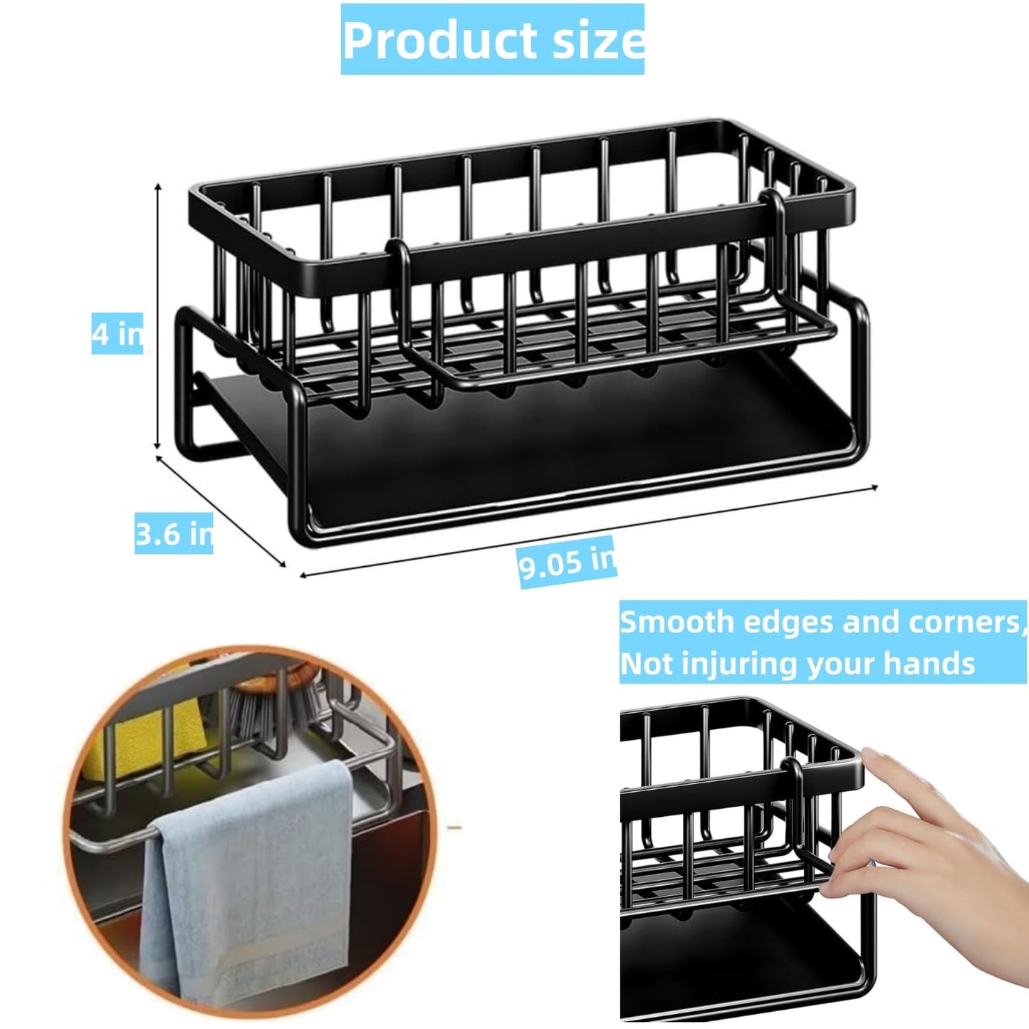 VILCEN Spülbecken Organizer, Spüle Küchen Organizer Edelstahl Mit Selbstentleerender Ablaufwanne for Schwammhalter, Handtuchhalter, Spültuchhalter, Organizer für Küche und Badezimmer, Schwarz