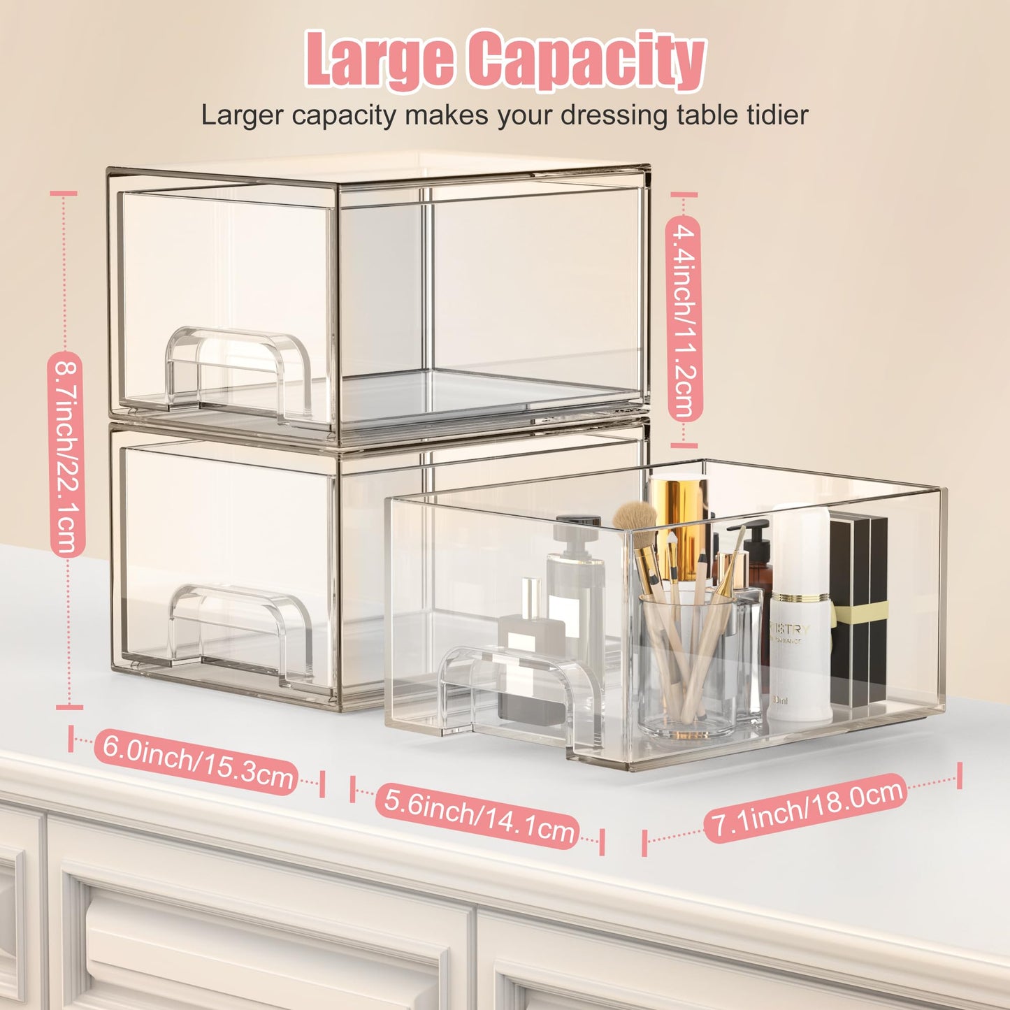 2 Stück Badschrank Organizer Box, Stackable Acryl Aufbewahrungsbox Schublade mit 16 rutschfeste Matte und Haltbarkeit, Organisationsboxen für Schlafzimmer Spülbecken Schreibtisch Badschrank Organizer