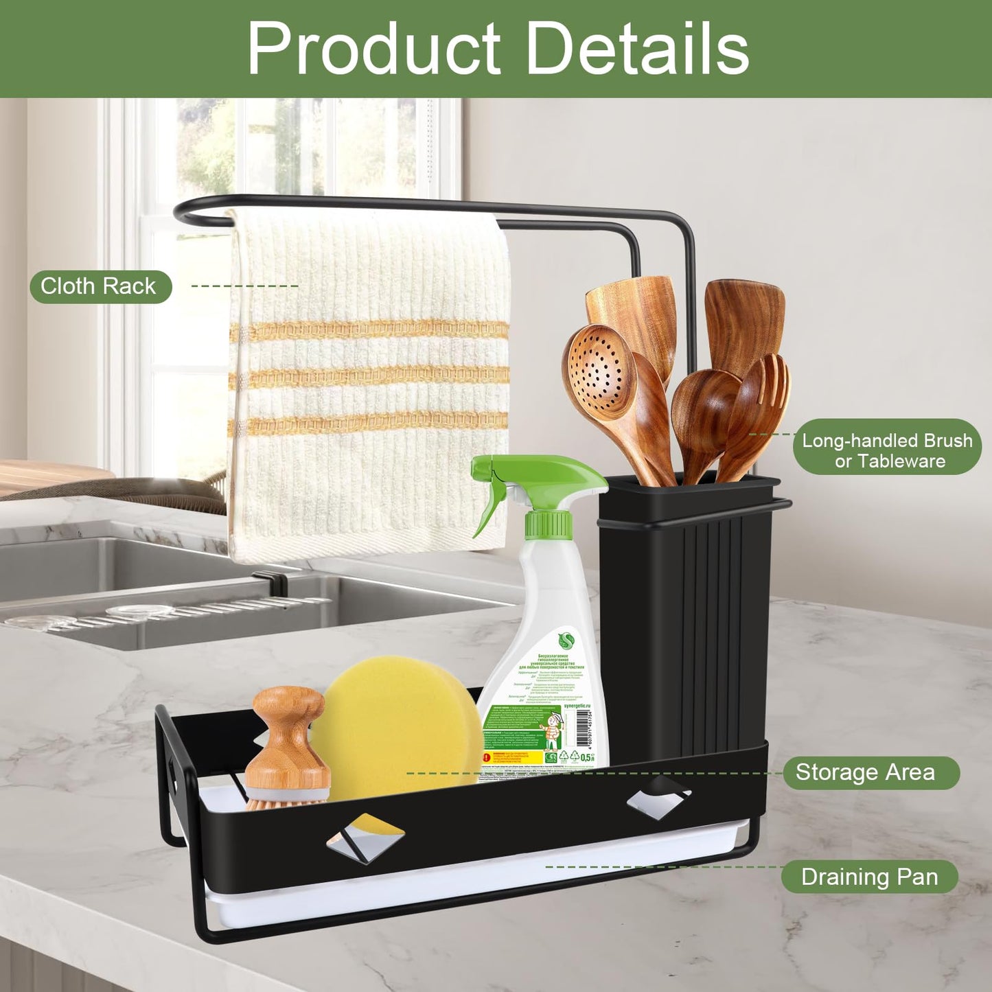 VFANDV Spülbecken Organizer, Küchen Spüle Sink Organizer aus Edelstahl, Selbstentleerende Spülorganizer, Abnehmbare Schwammhalter und Spüllappenhalter Küchenzubehör (Schwarze Upgrade-Version)