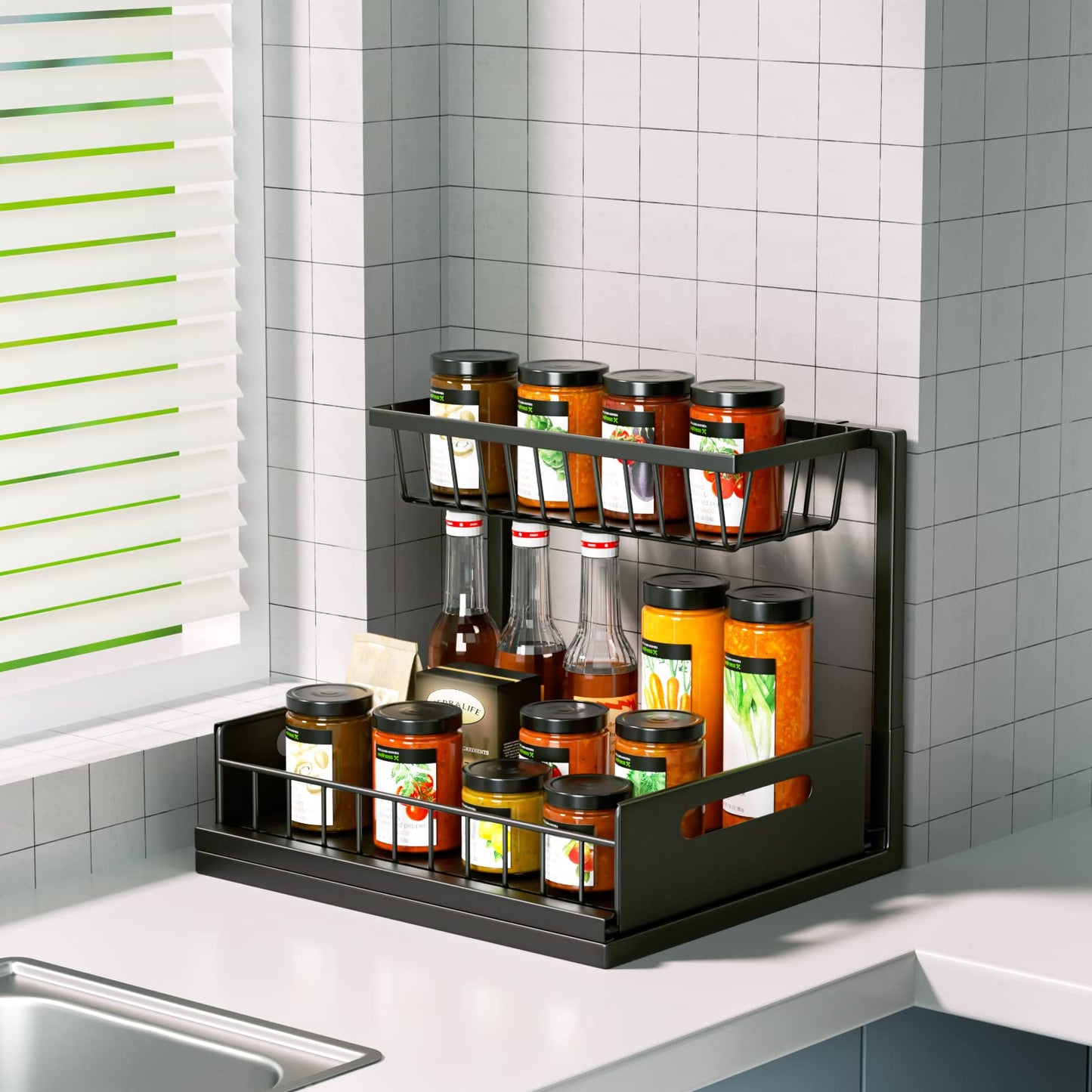 Cocolemon Metall Unter Waschbecken Regal, 2 Etagen Küche Schrank Organizer mit Schublade, Große Kapazität Unterschrankregal, Gewürzregal und Küchenhelfer für Küche, Bad, Unterschrank, Schwarz