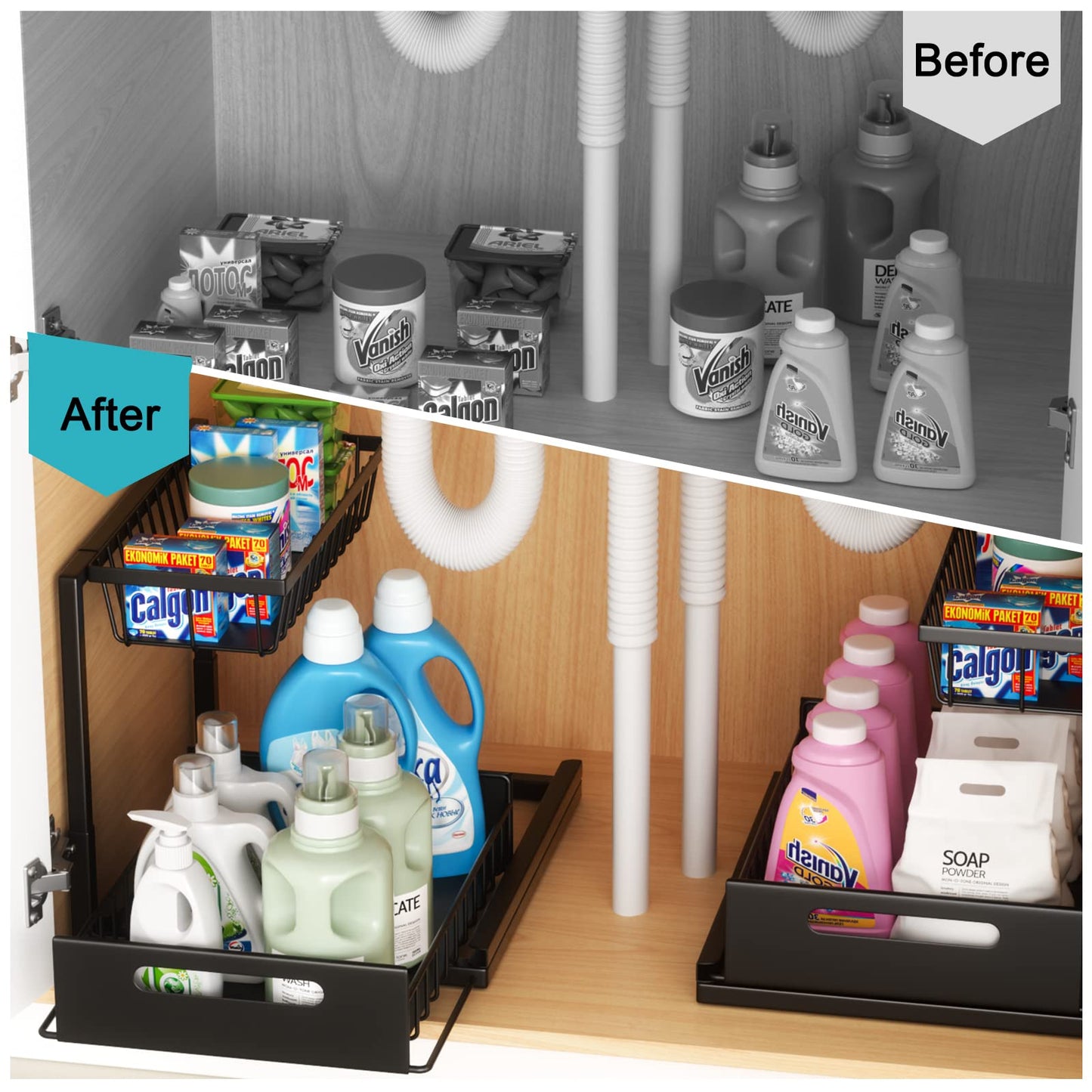 Cocolemon Metall Unter Waschbecken Regal, 2 Etagen Küche Schrank Organizer mit Schublade, Große Kapazität Unterschrankregal, Gewürzregal und Küchenhelfer für Küche, Bad, Unterschrank, Schwarz