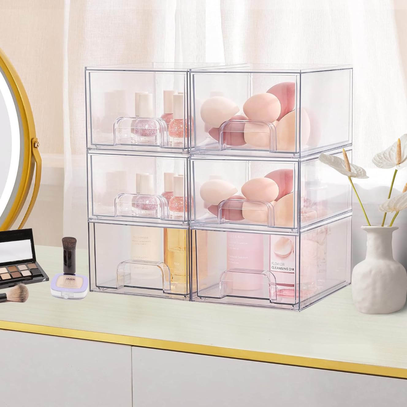 2 Stück Badschrank Organizer Box, Stackable Acryl Aufbewahrungsbox Schublade mit 16 rutschfeste Matte und Haltbarkeit, Organisationsboxen für Schlafzimmer Spülbecken Schreibtisch Badschrank Organizer