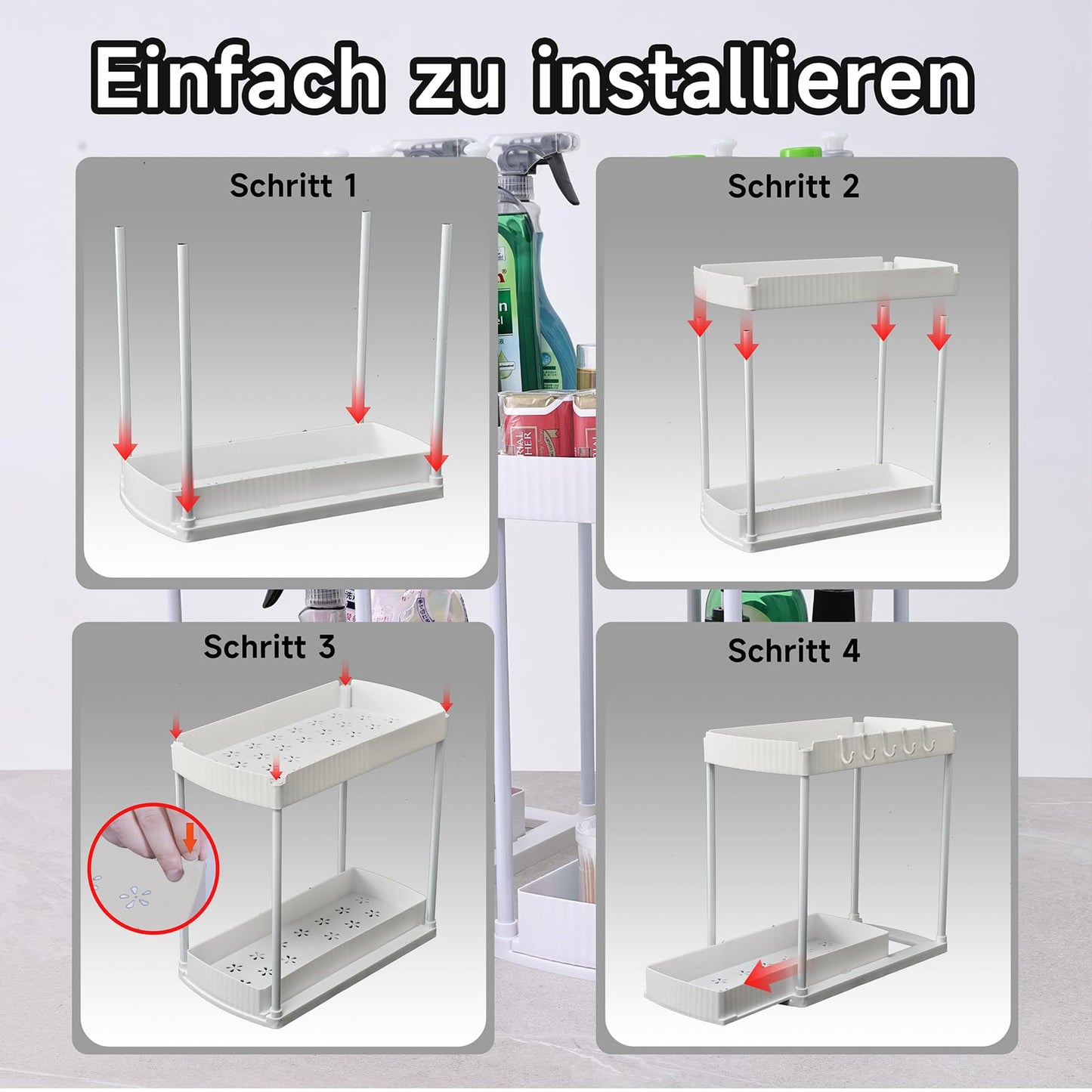 sapisecret Unter Waschbecken Regal Organizer, 2 Stufig mit 5 Haken, Spülschrank Organizer Ausziehbar, küchenschrank organizer für Spülschrank & Badezimmer (1 Pack, weiß)