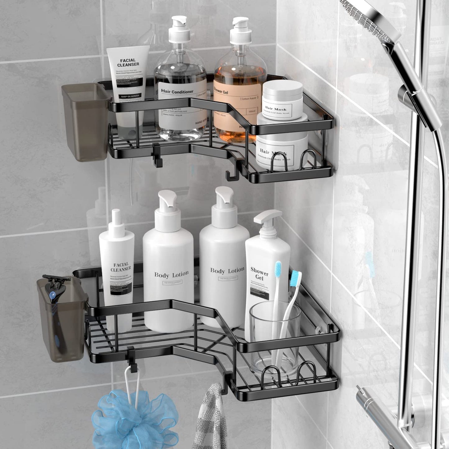 FINIBO Duschablage Ohne Bohren, 2 Stück Selbstklebend Eckregal Badezimmer Organizer, Duschregal Edelstahl mit 4 Haken und 2 Zahnpasta Halter, Schwarz Duschablage Duschkorb für Bad Küche
