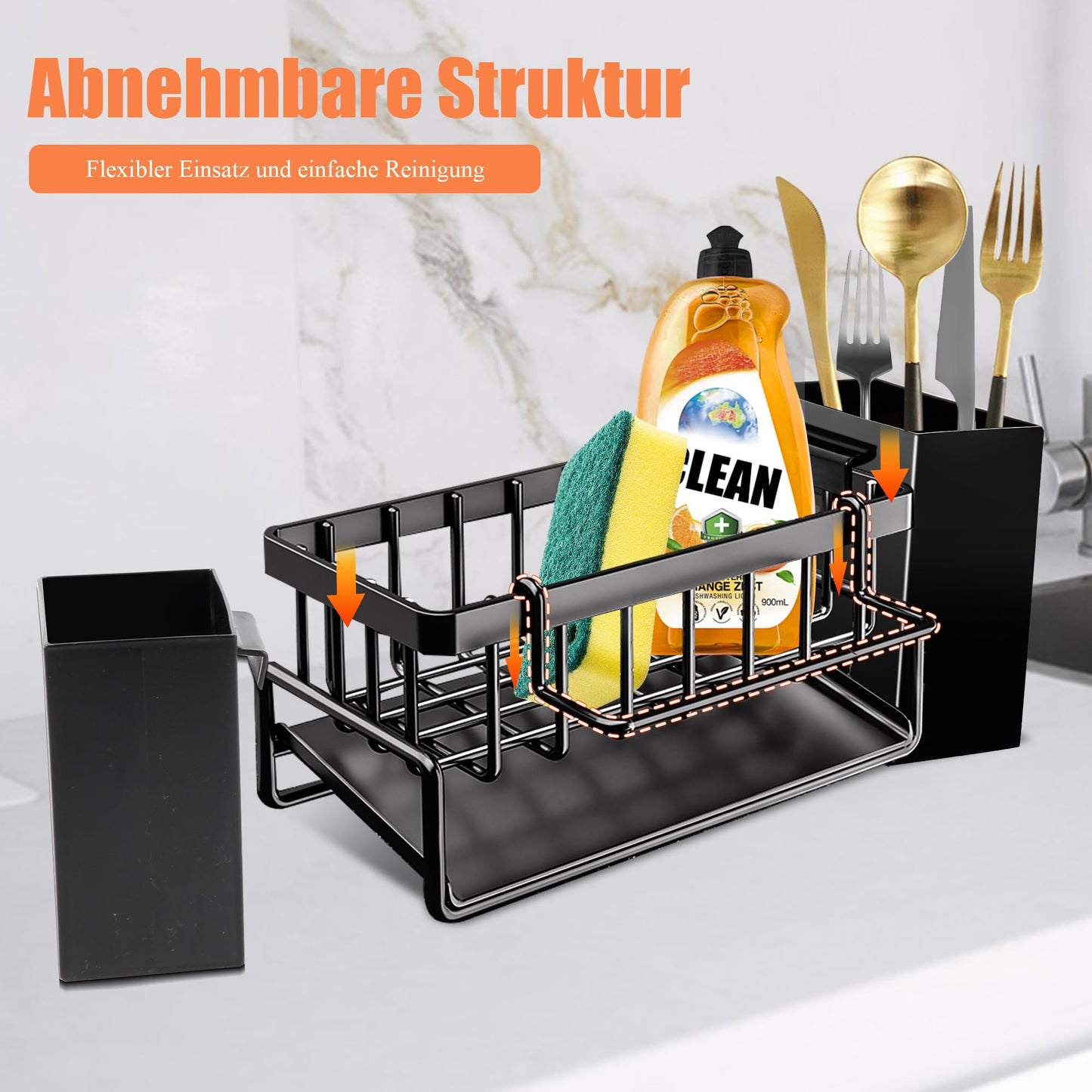 KüChen SpüLbecken Organizer Schwarz Aufbewahrung - Edelstahl Waschbecken Ablage KüChe Schmal SpüLe Ohne Bohren Spuelbecken Wand Schwammhalter mit 2 Korb HäNgend SpüLmittel und Halterung Lappen Holder