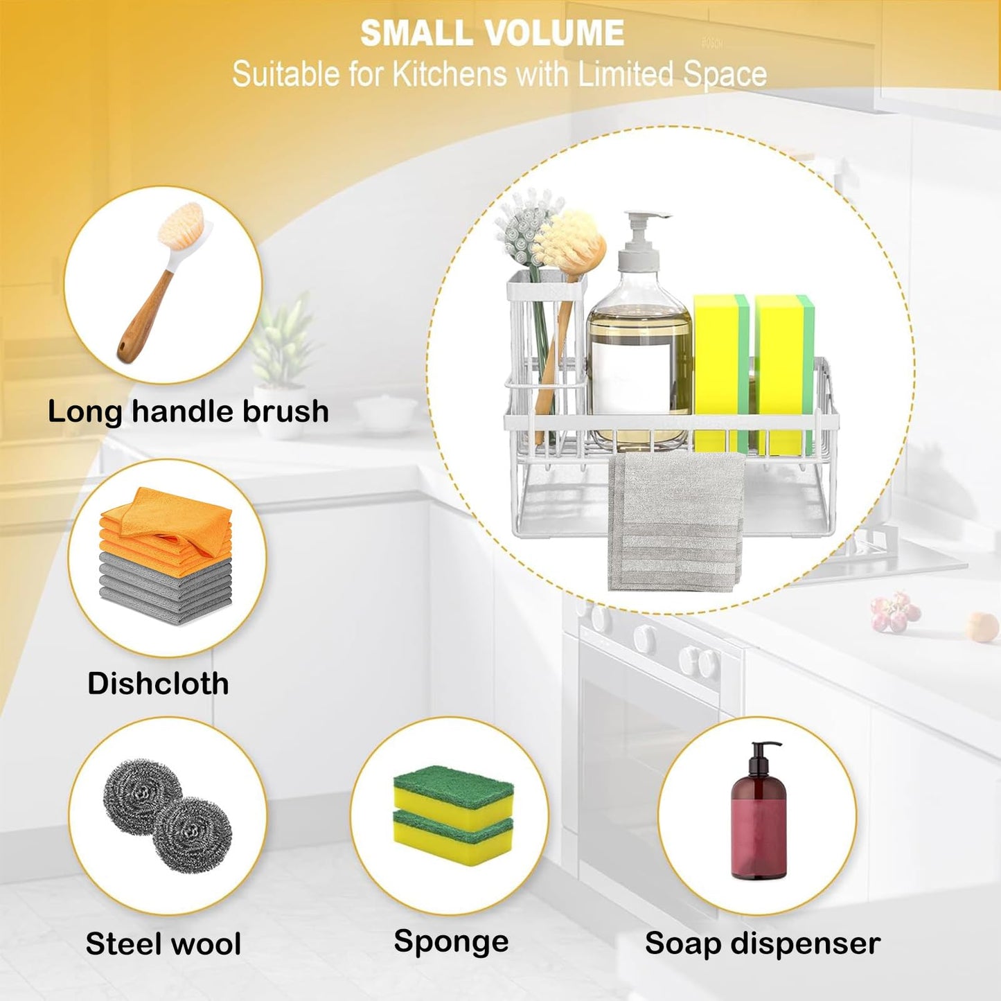 FunMacchi Spülbecken Organizer–Küchen Organizer mit Schwammhalter, Spülbürstenhalter & Geschirrtuchhalter Mit automatischem Abflusssystem Für Arbeitsplatte oder Wandmontage(Weiß)