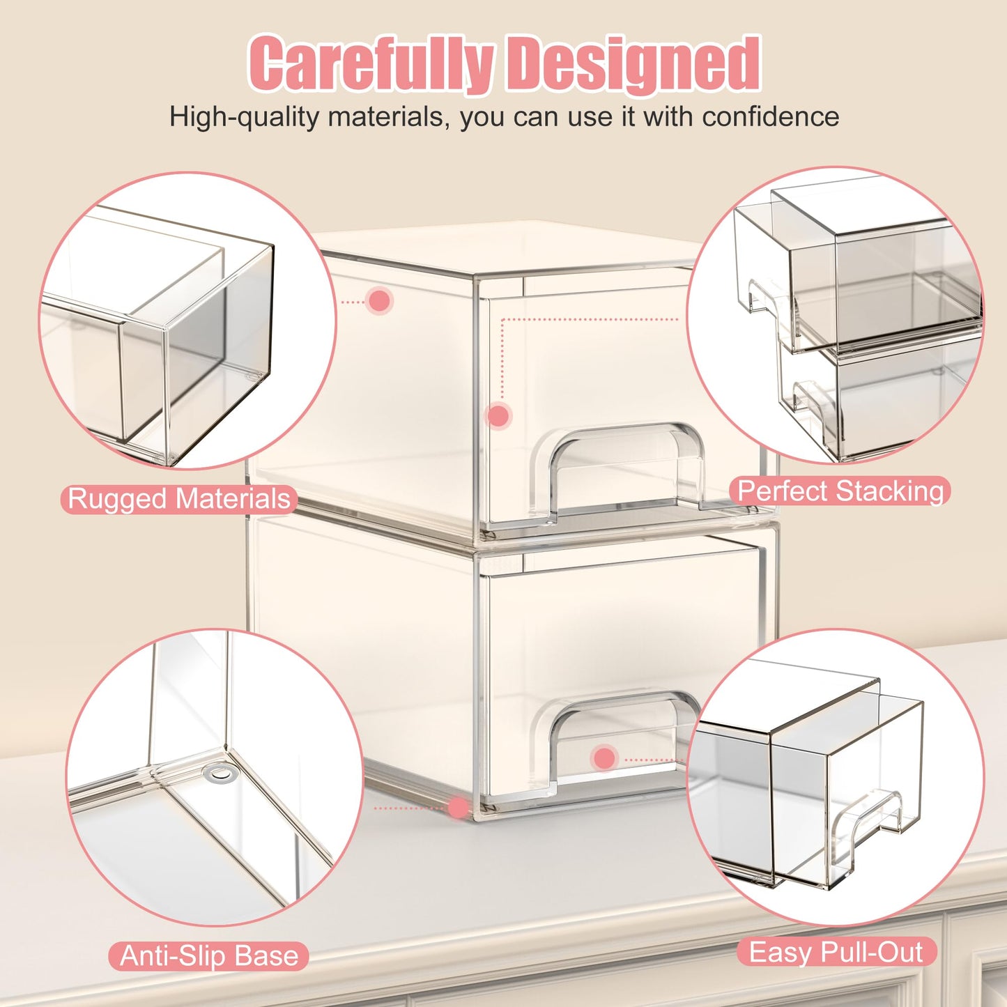 2 Stück Badschrank Organizer Box, Stackable Acryl Aufbewahrungsbox Schublade mit 16 rutschfeste Matte und Haltbarkeit, Organisationsboxen für Schlafzimmer Spülbecken Schreibtisch Badschrank Organizer