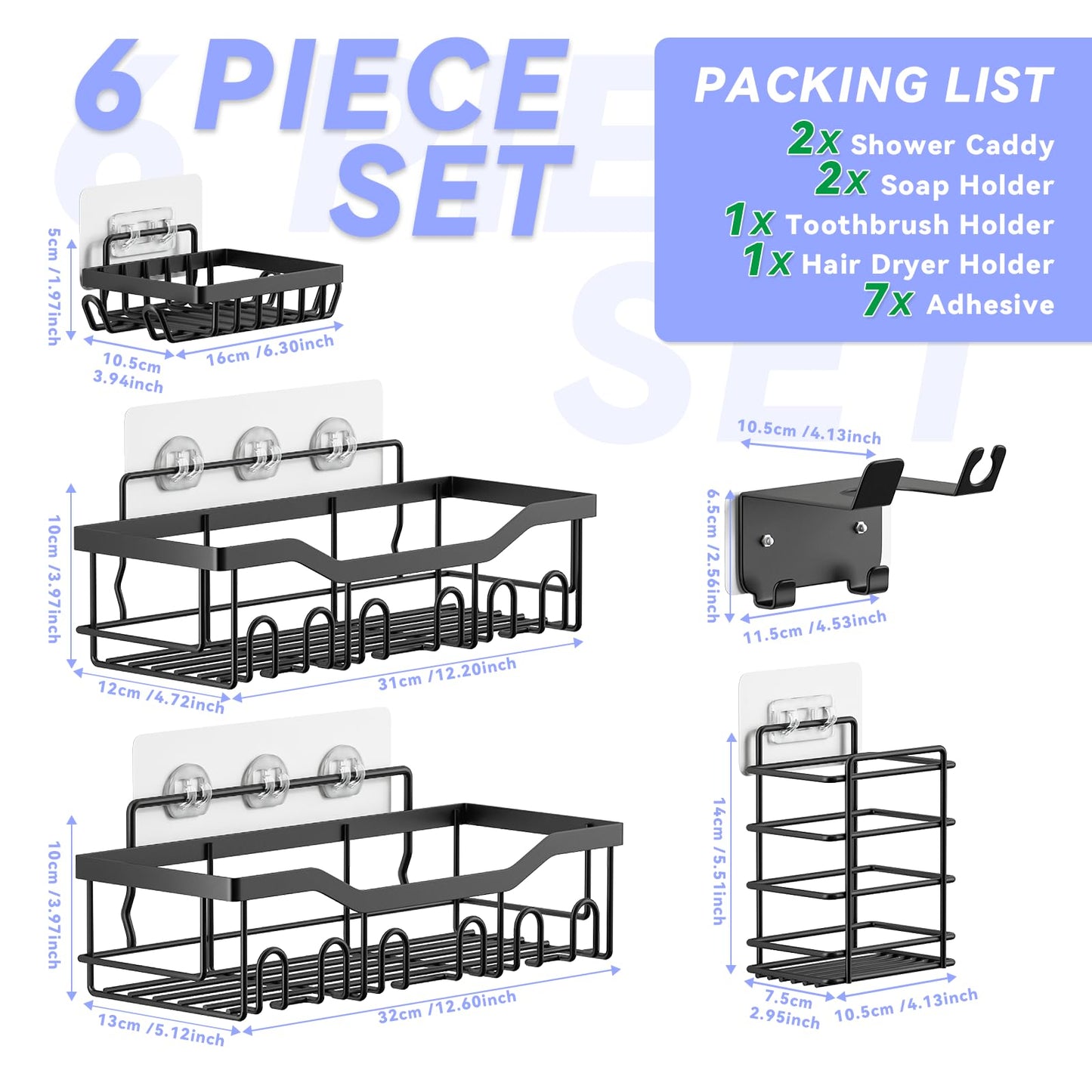 rigors Duschablage ohne Bohren, 6 Stück Badezimmer Regal mit Haartrocknerhalter und Haken, Duschregal Edelstahl Duschkorb Wandhängend, Selbstklebend Badezimmer Organizer für Bad und Küche Schwarz