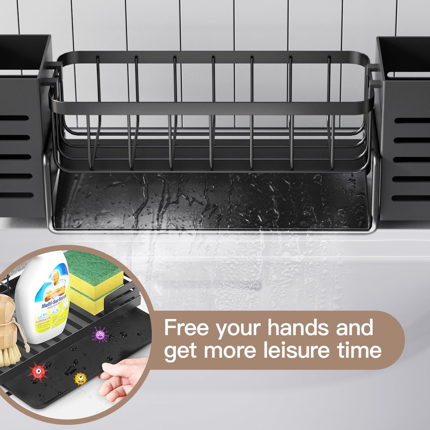 Bellovero Spülbecken Organizer, Edelstahl Küchen Organizer mit Selbstentleerender Ablaufwanne, mit Handtuchhalter und Aufbewahrungsbox für Spülbürsten, Organizer für Küche und Badezimmer