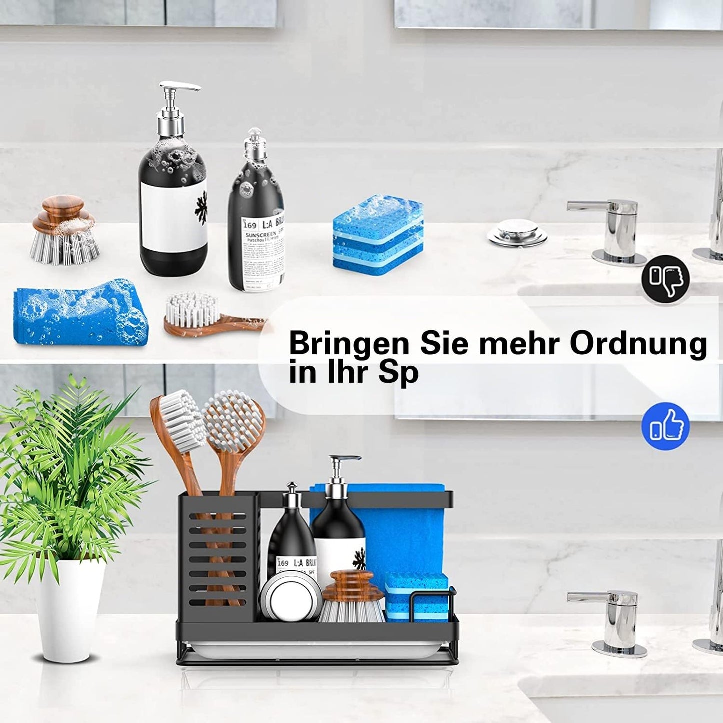 JYSDCXC Spülbecken Organizer mit Abflusspfanne,Küchenspüle Caddy Schwarz,Spülbecken Caddy für Schwämme/Bürsten/Seifen in Küche und Bad,Rutschfest,abnehmbar