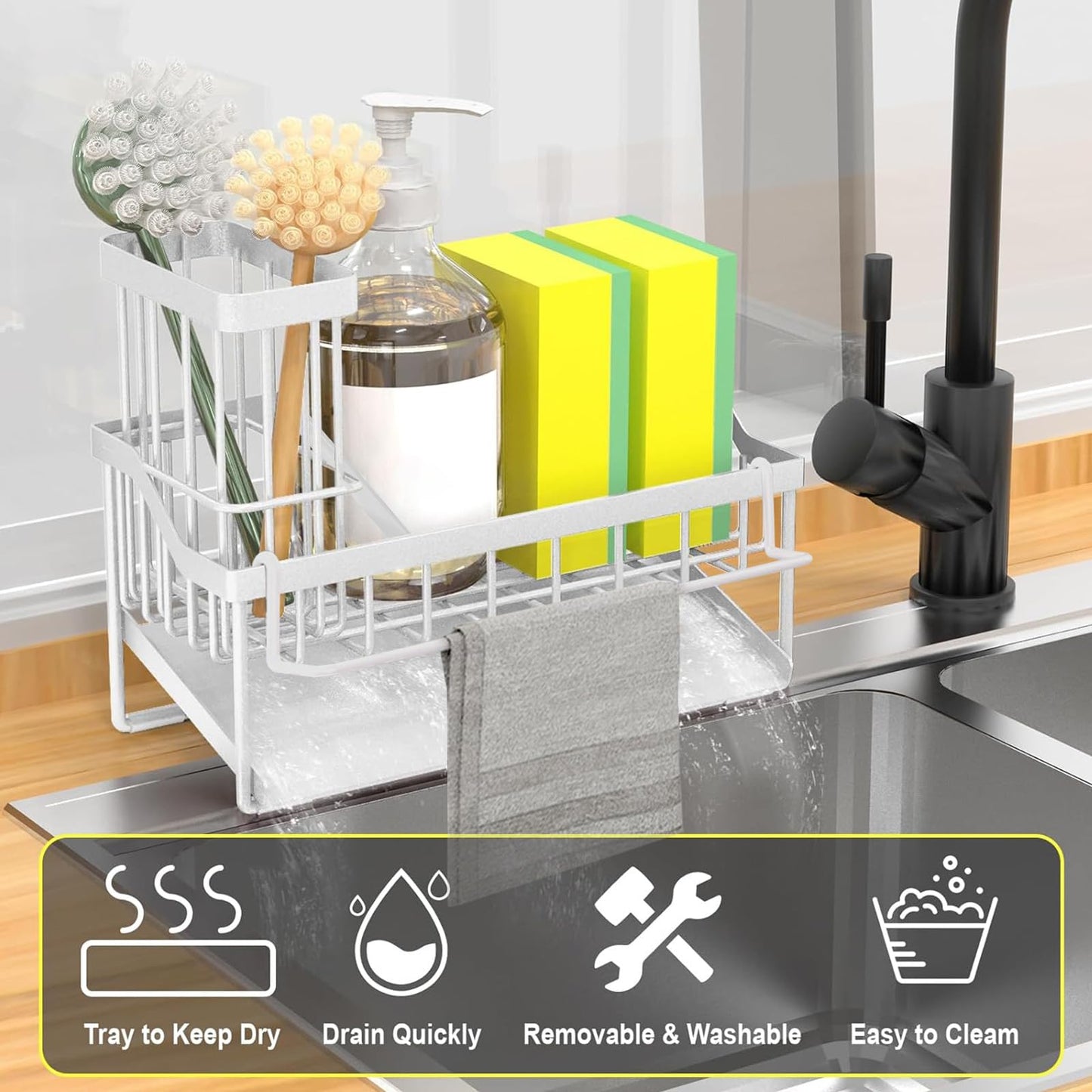 FunMacchi Spülbecken Organizer–Küchen Organizer mit Schwammhalter, Spülbürstenhalter & Geschirrtuchhalter Mit automatischem Abflusssystem Für Arbeitsplatte oder Wandmontage(Weiß)