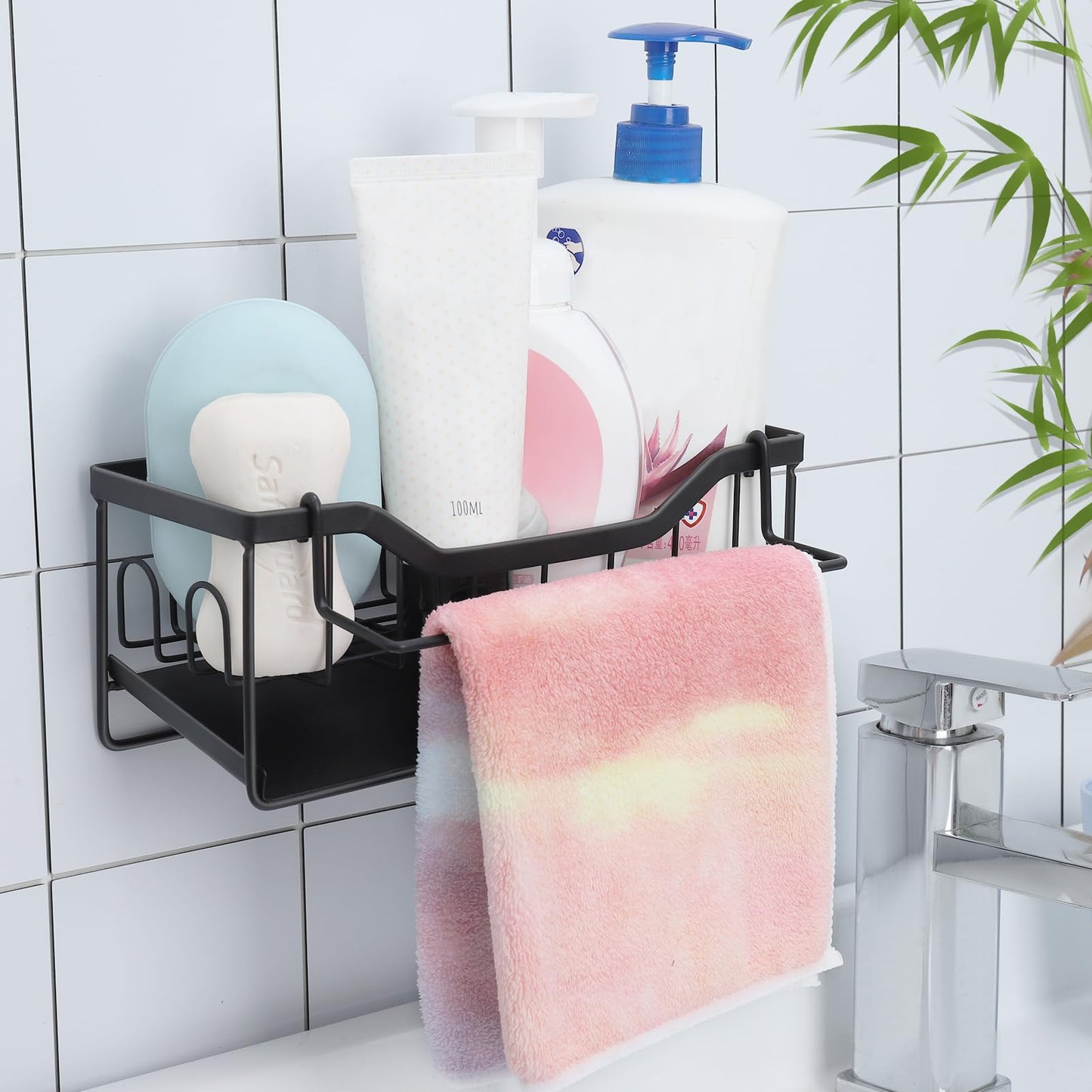 Spülbecken Organizer mit Abtropfschale,Küchen Organizer mit Handtuchhalter,Schwammhalter Küche Aufbewahrung&Organisation Ohne Bohren Küchen Sink Badezimmer Organizer für Lappen Bürsten Schwamm Seife