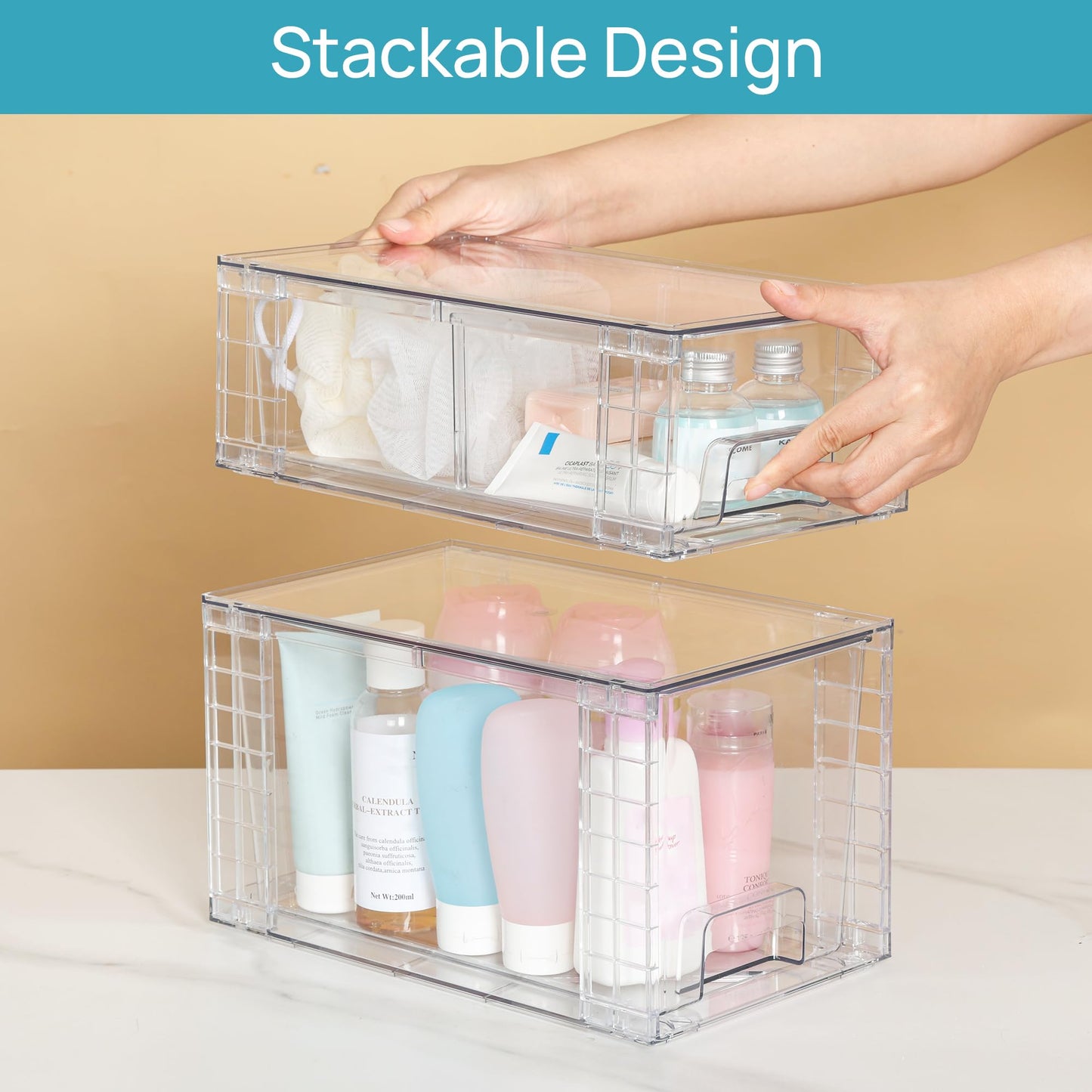 Vtopmart 4er-Set Klare Stapelbare Aufbewahrungsschubladen, Einfach Montierbare Badezimmer-Organizer mit Griffen, Plastikschubladen für Küche, Vorratsschrank und Unter-Waschbecken-Organisation