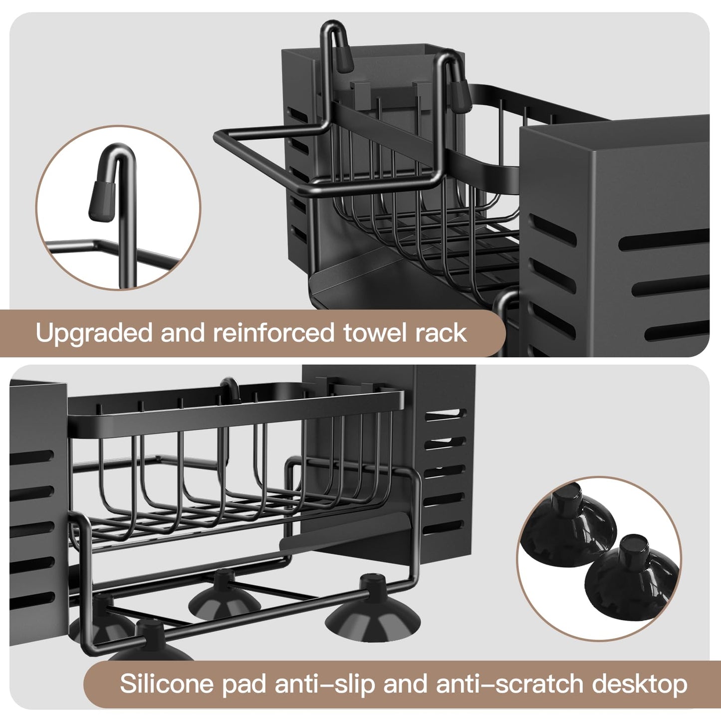 Bellovero Spülbecken Organizer, Edelstahl Küchen Organizer mit Selbstentleerender Ablaufwanne, mit Handtuchhalter und Aufbewahrungsbox für Spülbürsten, Organizer für Küche und Badezimmer