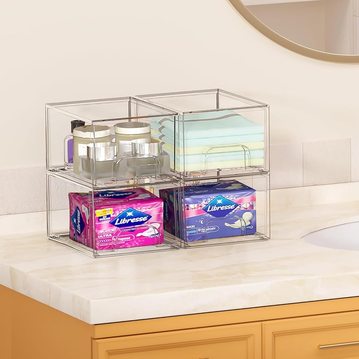 2 Stück Badschrank Organizer Box, Stackable Acryl Aufbewahrungsbox Schublade mit 16 rutschfeste Matte und Haltbarkeit, Organisationsboxen für Schlafzimmer Spülbecken Schreibtisch Badschrank Organizer