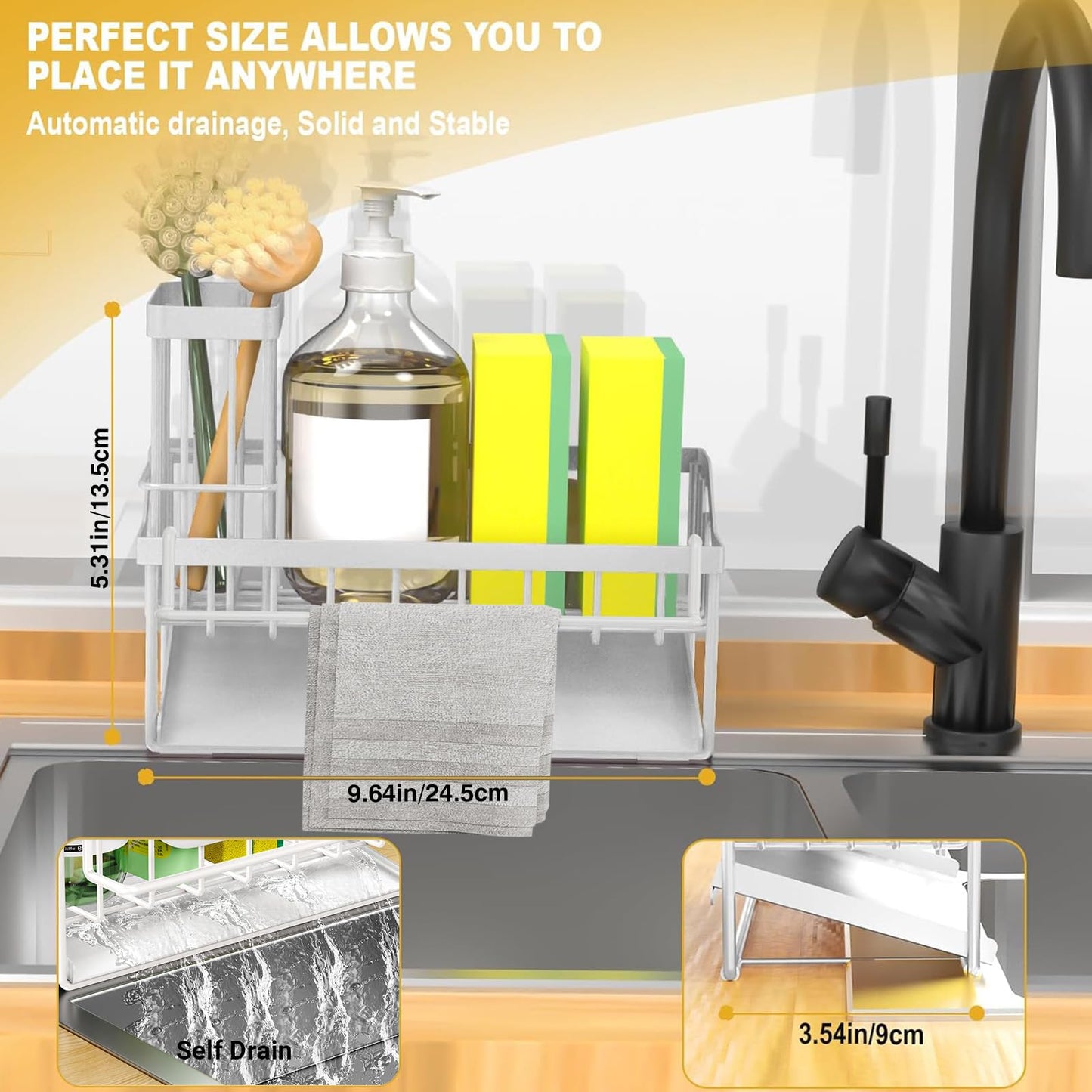 FunMacchi Spülbecken Organizer–Küchen Organizer mit Schwammhalter, Spülbürstenhalter & Geschirrtuchhalter Mit automatischem Abflusssystem Für Arbeitsplatte oder Wandmontage(Weiß)