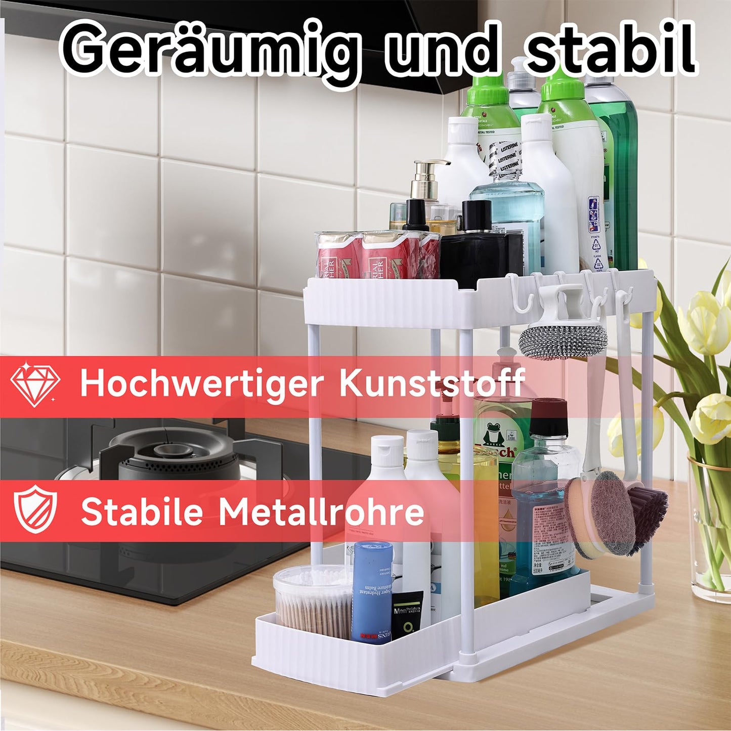 sapisecret Unter Waschbecken Regal Organizer, 2 Stufig mit 5 Haken, Spülschrank Organizer Ausziehbar, küchenschrank organizer für Spülschrank & Badezimmer (1 Pack, weiß)