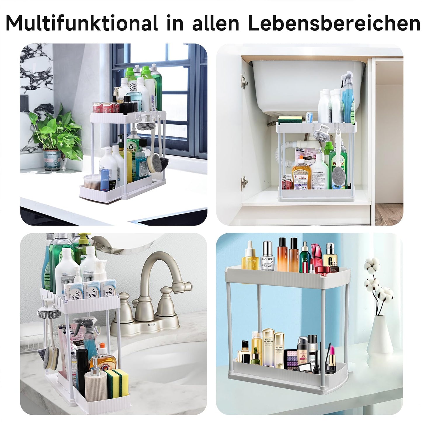 sapisecret Unter Waschbecken Regal Organizer, 2 Stufig mit 5 Haken, Spülschrank Organizer Ausziehbar, küchenschrank organizer für Spülschrank & Badezimmer (1 Pack, weiß)