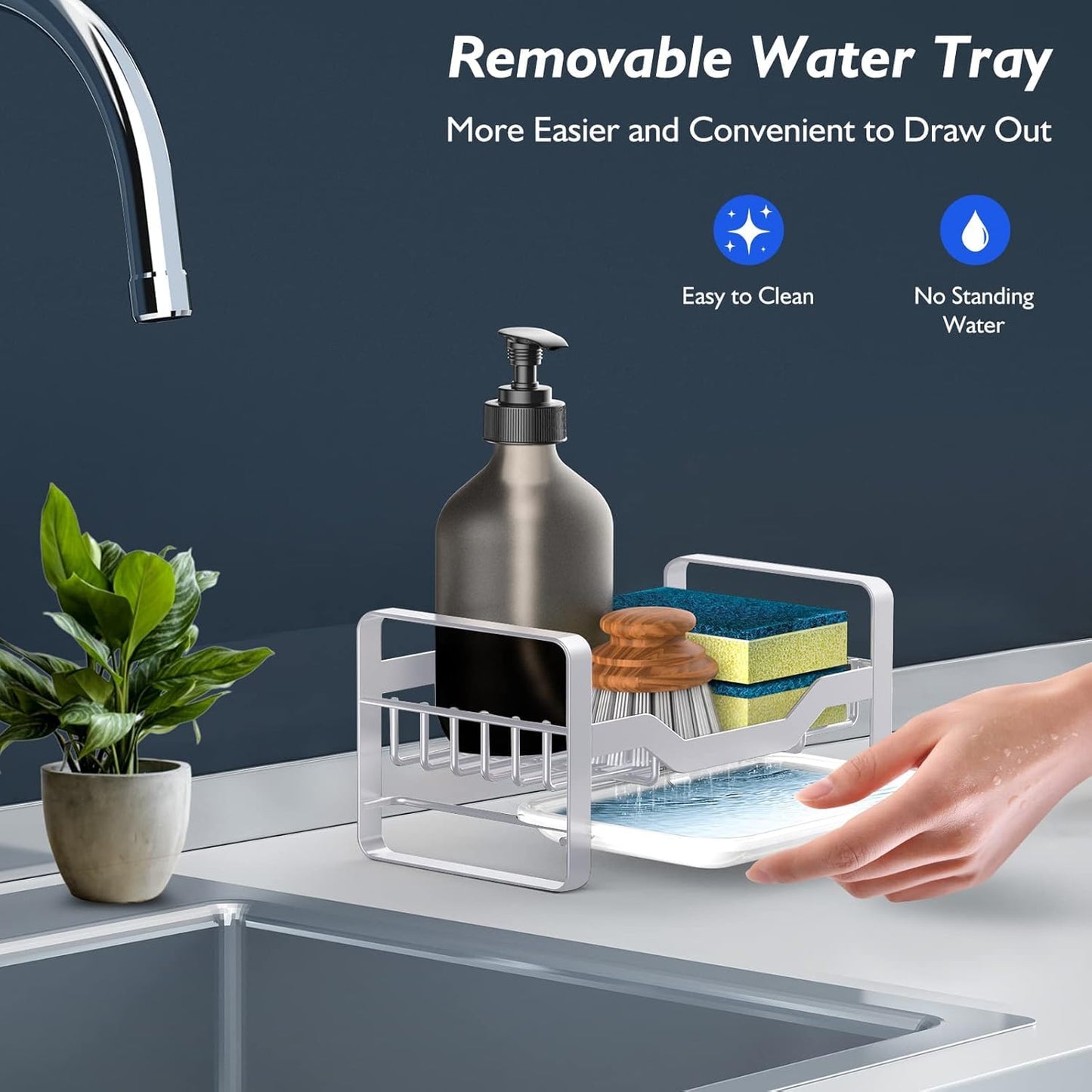 AxiwoIntl Spülbecken Organizer Küchen mit Abnehmbarer Abflusspfanne, Kitchen Sink Caddy Organizer Edelstahl Schwammhalter Spüllappenhalter Spülorganizer Spüle für Schwamm, Bürsten Seifenspender