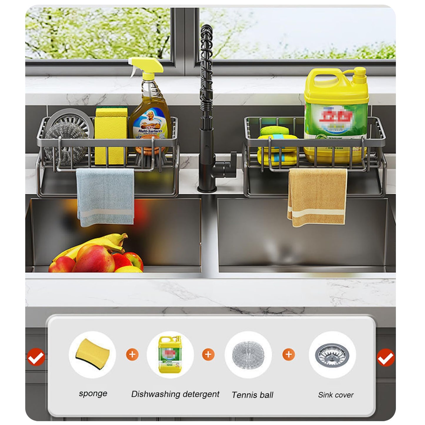 ViWaVee Spüle Küchen Organizer, Spülbecken Organizer Mit Selbstentleerender Ablaufwanne for Schwammhalter, Handtuchhalter, Spültuchhalter, Super Organizer für Küche und Badezimmer. (Schwarz)