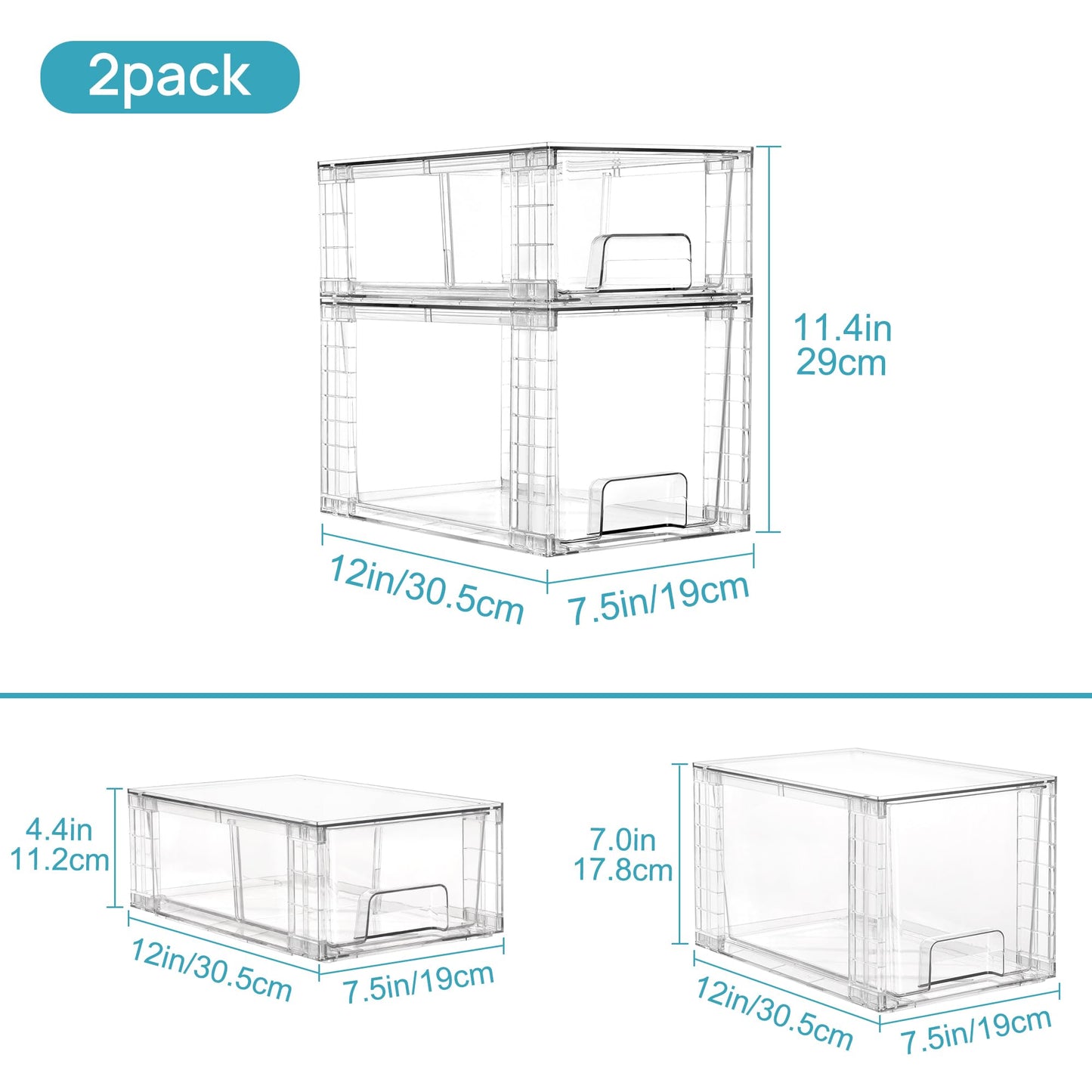 Vtopmart 4er-Set Klare Stapelbare Aufbewahrungsschubladen, Einfach Montierbare Badezimmer-Organizer mit Griffen, Plastikschubladen für Küche, Vorratsschrank und Unter-Waschbecken-Organisation