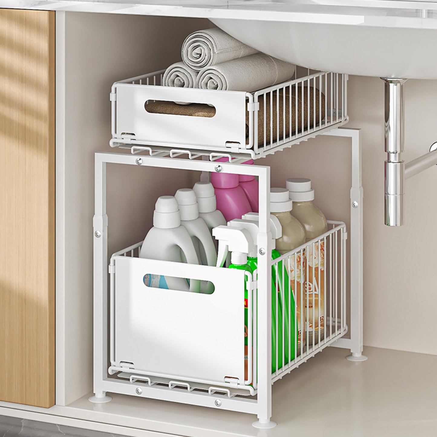 YunNasi Unterschrank Organizer küchenschrank mit 2 Etagen küchenregal Arbeitsplatte Metall Unterspüle für Badezimmer (Weiß, Modell-A)
