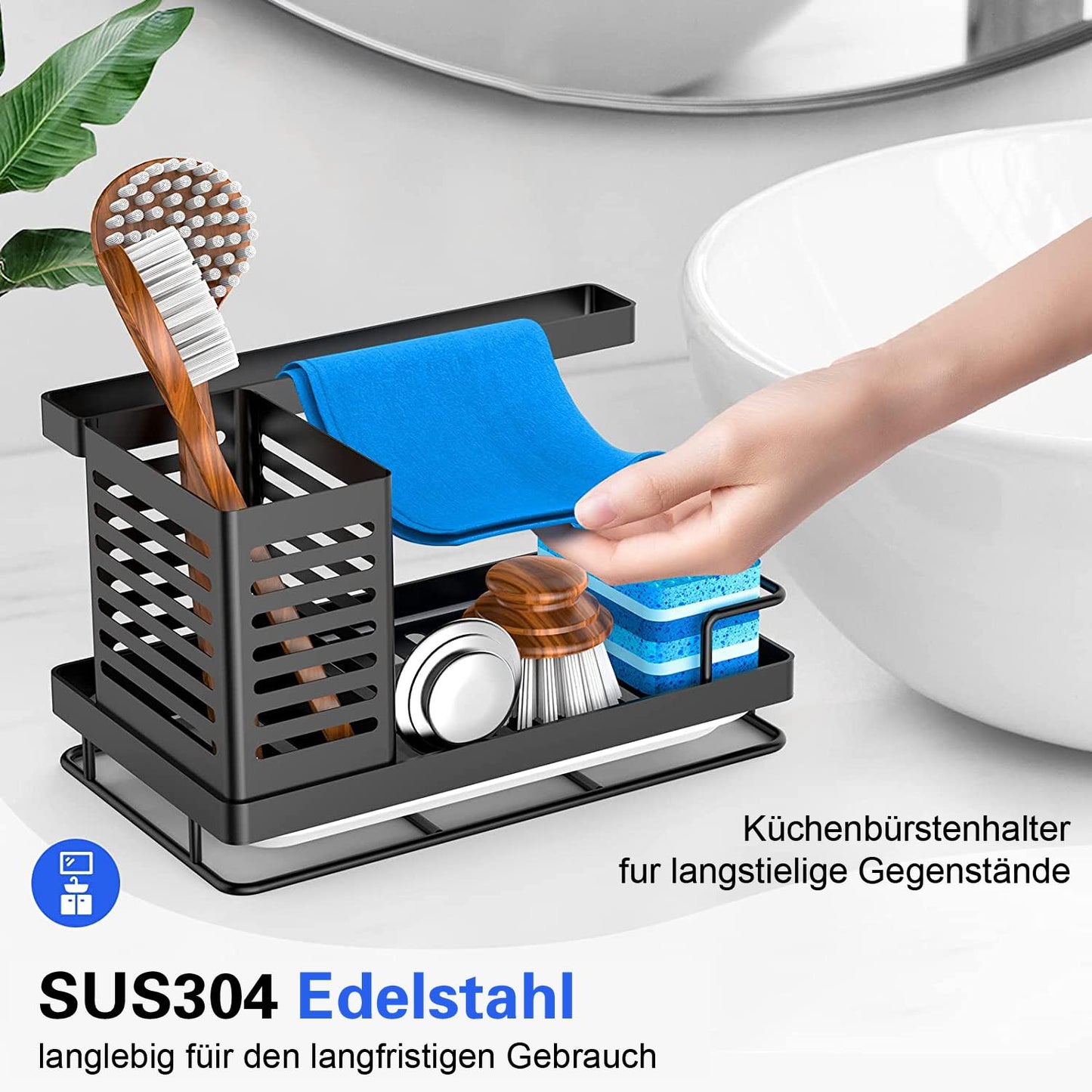 JYSDCXC Spülbecken Organizer mit Abflusspfanne,Küchenspüle Caddy Schwarz,Spülbecken Caddy für Schwämme/Bürsten/Seifen in Küche und Bad,Rutschfest,abnehmbar