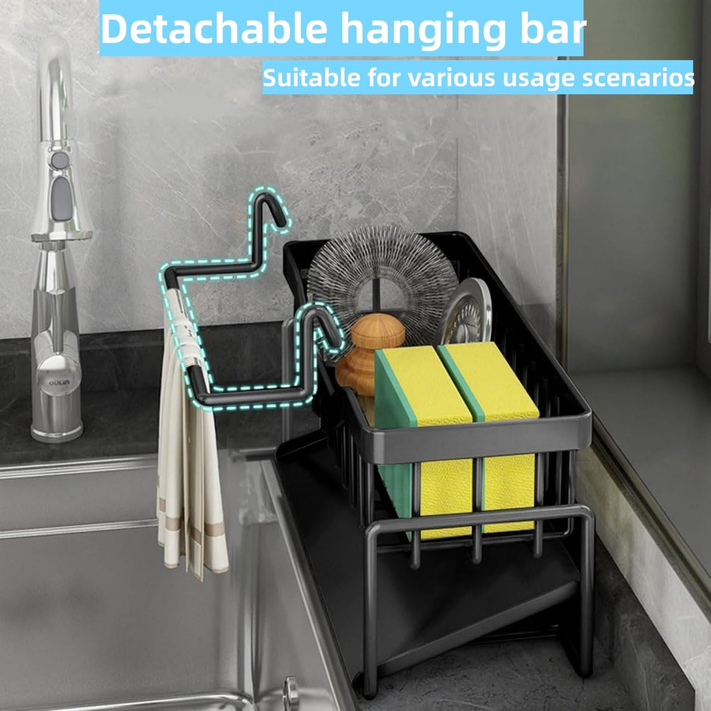 VILCEN Spülbecken Organizer, Spüle Küchen Organizer Edelstahl Mit Selbstentleerender Ablaufwanne for Schwammhalter, Handtuchhalter, Spültuchhalter, Organizer für Küche und Badezimmer, Schwarz