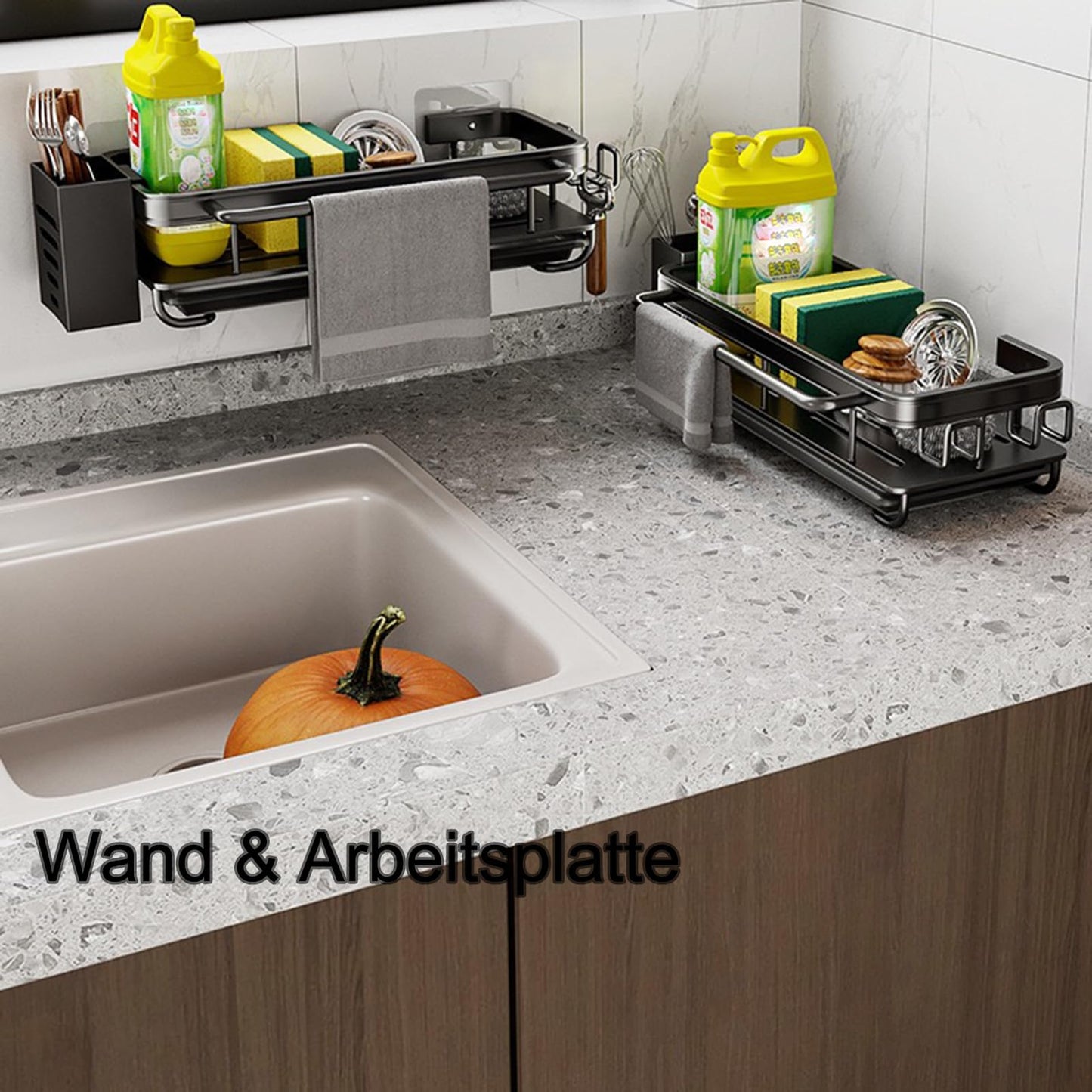 Koolkasa Küche Spülbecken Organizer Schwammhalter mit Abflusspfanne Küchen Spüle Organizer mit Spültuchhalter und Zwei Haken,Metalle Hängender Küchenorganizer Badezimmer - Ohne Bohren (Schwarz)