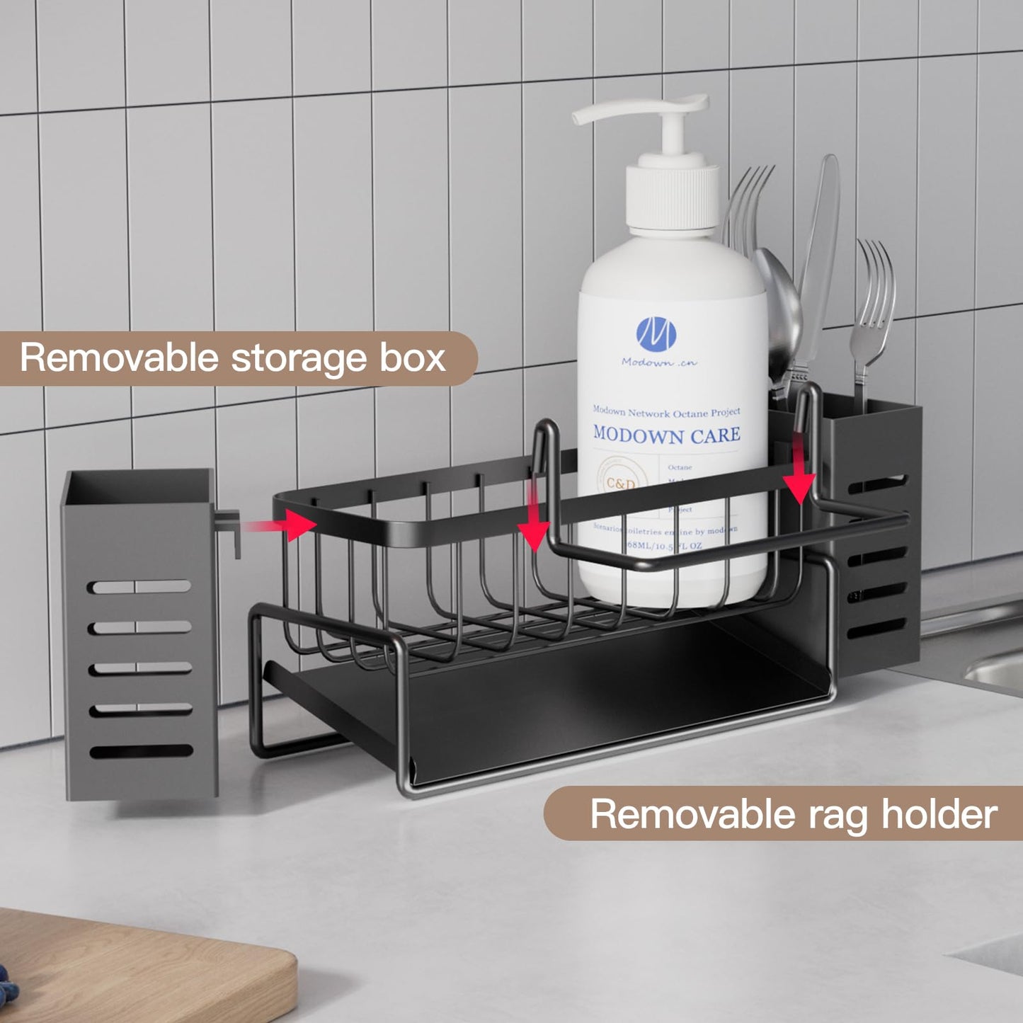 Bellovero Spülbecken Organizer, Edelstahl Küchen Organizer mit Selbstentleerender Ablaufwanne, mit Handtuchhalter und Aufbewahrungsbox für Spülbürsten, Organizer für Küche und Badezimmer