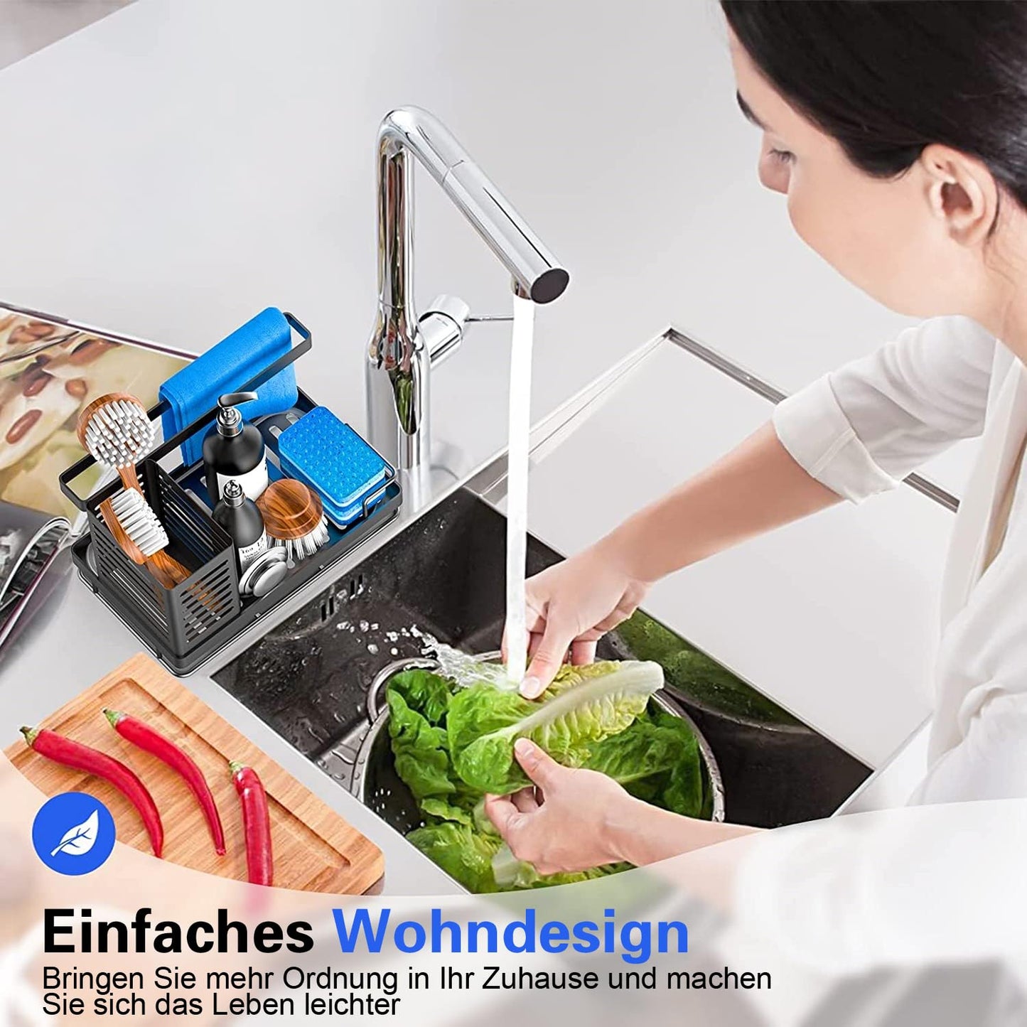 JYSDCXC Spülbecken Organizer mit Abflusspfanne,Küchenspüle Caddy Schwarz,Spülbecken Caddy für Schwämme/Bürsten/Seifen in Küche und Bad,Rutschfest,abnehmbar