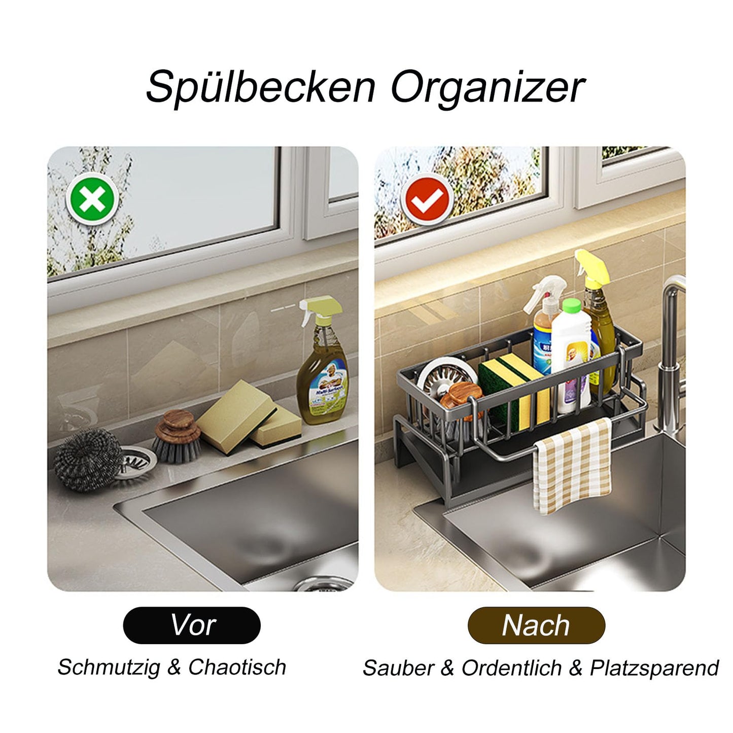 ViWaVee Spüle Küchen Organizer, Spülbecken Organizer Mit Selbstentleerender Ablaufwanne for Schwammhalter, Handtuchhalter, Spültuchhalter, Super Organizer für Küche und Badezimmer. (Schwarz)
