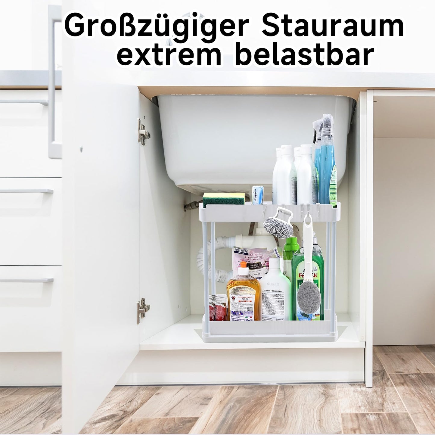 sapisecret Unter Waschbecken Regal Organizer, 2 Stufig mit 5 Haken, Spülschrank Organizer Ausziehbar, küchenschrank organizer für Spülschrank & Badezimmer (1 Pack, weiß)