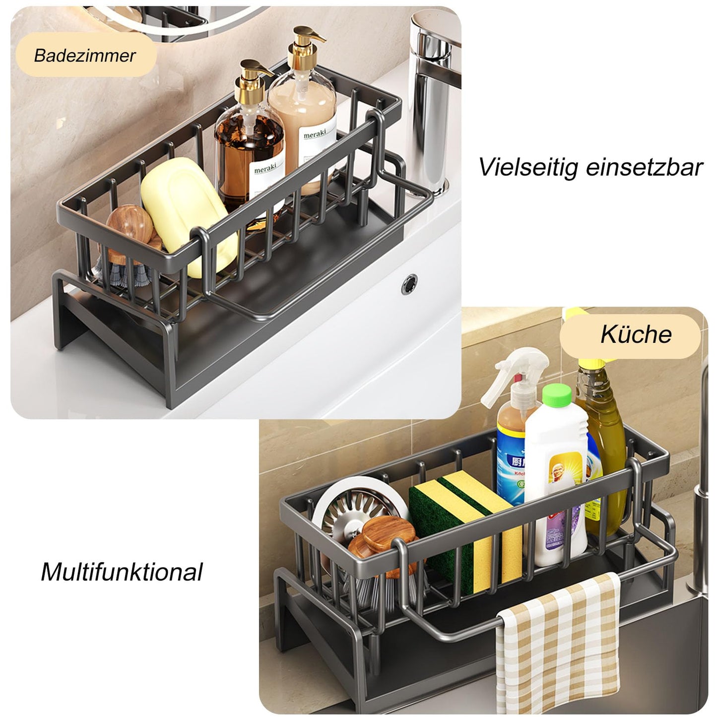 ViWaVee Spüle Küchen Organizer, Spülbecken Organizer Mit Selbstentleerender Ablaufwanne for Schwammhalter, Handtuchhalter, Spültuchhalter, Super Organizer für Küche und Badezimmer. (Schwarz)