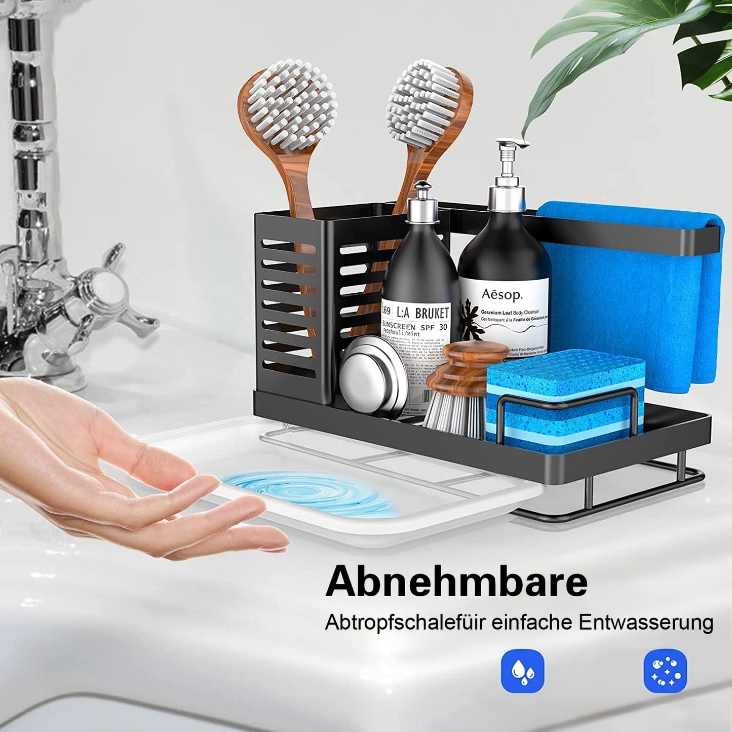 JYSDCXC Spülbecken Organizer mit Abflusspfanne,Küchenspüle Caddy Schwarz,Spülbecken Caddy für Schwämme/Bürsten/Seifen in Küche und Bad,Rutschfest,abnehmbar