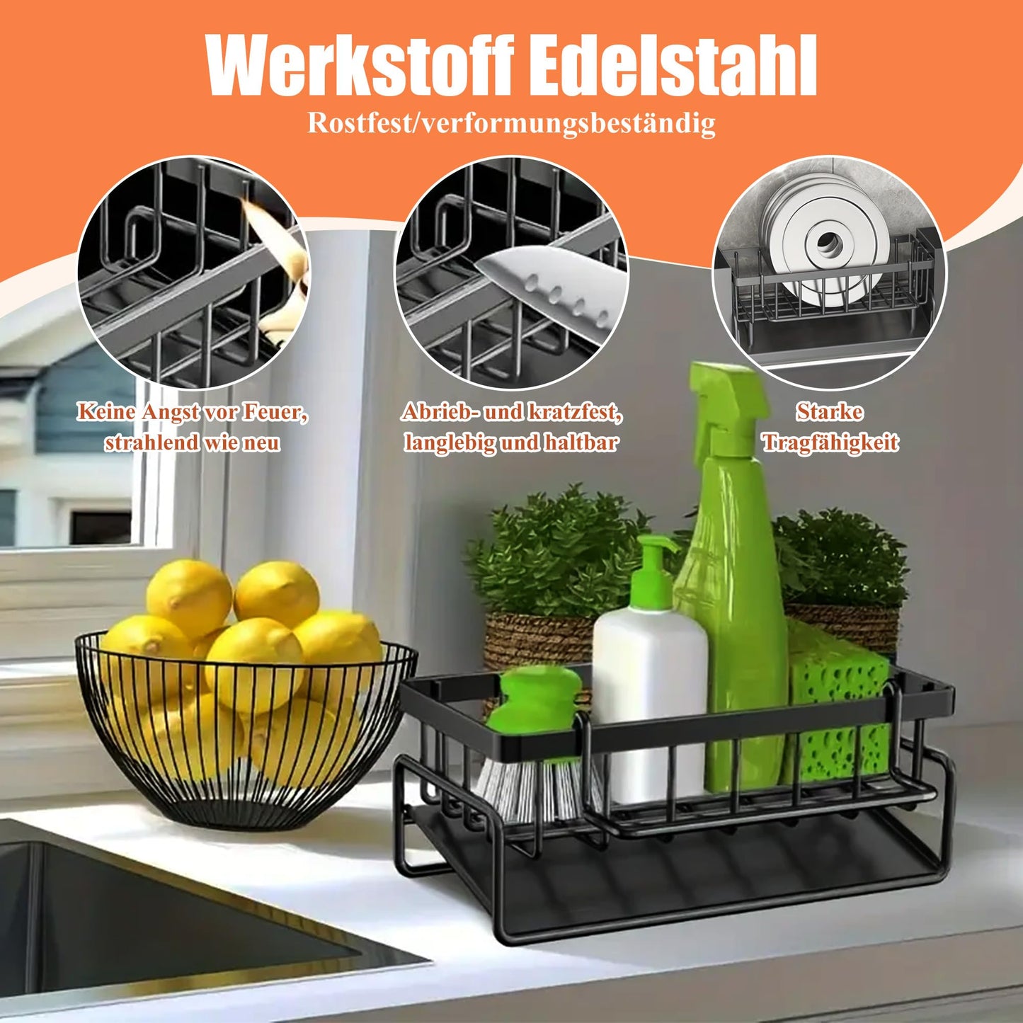 KüChen SpüLbecken Organizer Schwarz Aufbewahrung - Edelstahl Waschbecken Ablage KüChe Schmal SpüLe Ohne Bohren Spuelbecken Wand Schwammhalter mit 2 Korb HäNgend SpüLmittel und Halterung Lappen Holder