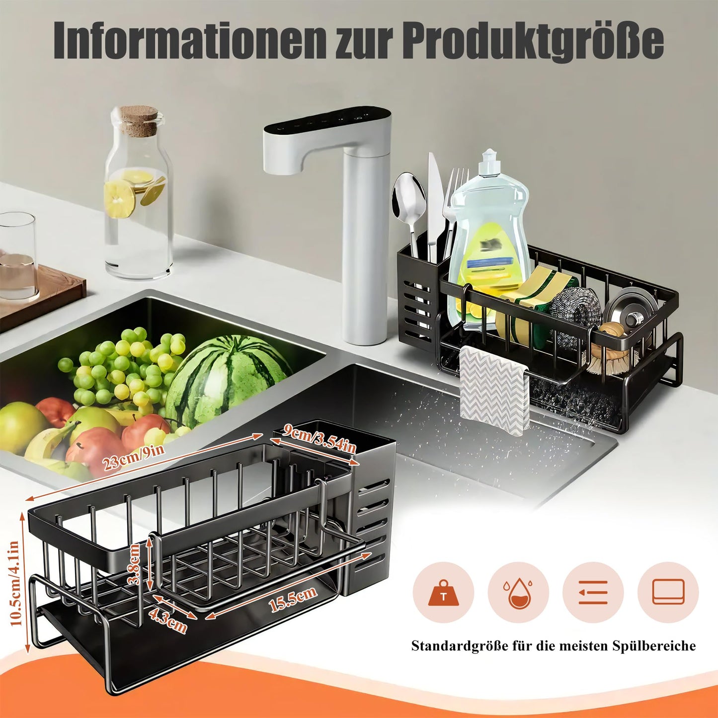 KüChen SpüLbecken Organizer Schwarz Aufbewahrung - Edelstahl Waschbecken Ablage KüChe Schmal SpüLe Ohne Bohren Spuelbecken Wand Schwammhalter mit 2 Korb HäNgend SpüLmittel und Halterung Lappen Holder