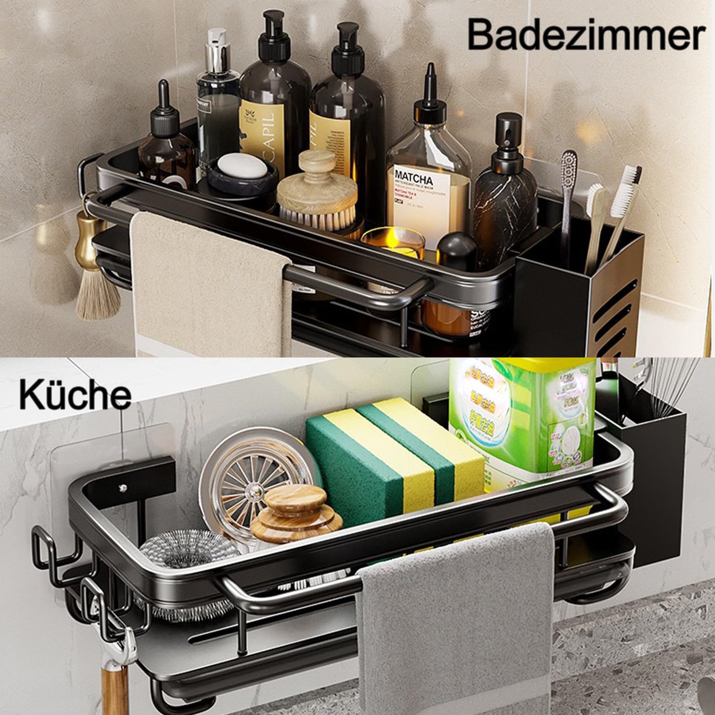 Koolkasa Küche Spülbecken Organizer Schwammhalter mit Abflusspfanne Küchen Spüle Organizer mit Spültuchhalter und Zwei Haken,Metalle Hängender Küchenorganizer Badezimmer - Ohne Bohren (Schwarz)