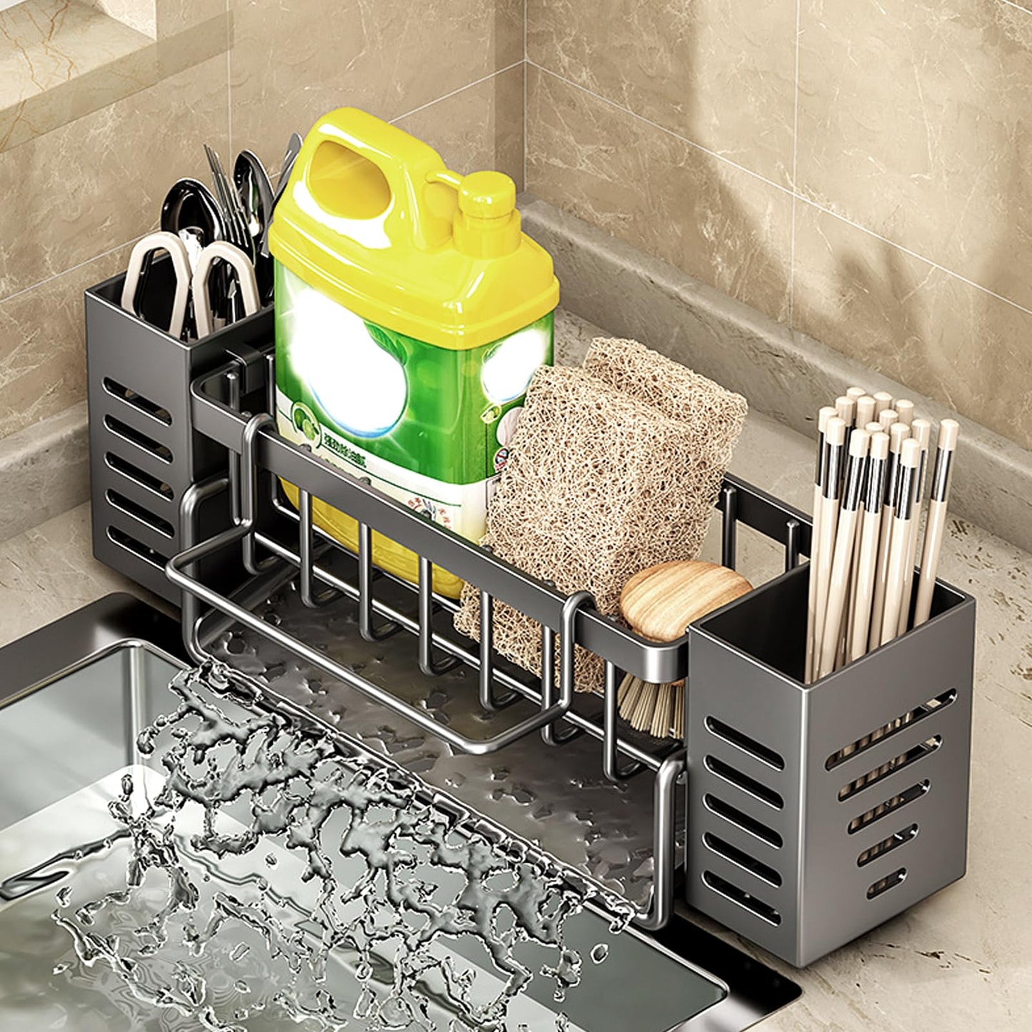 ASelected Spülbecken Organizer Küchen Organizer Spüle Organizer mit Selbstentleerender Ablaufwanne und Spüllappenhalter für Küche & Badezimmer
