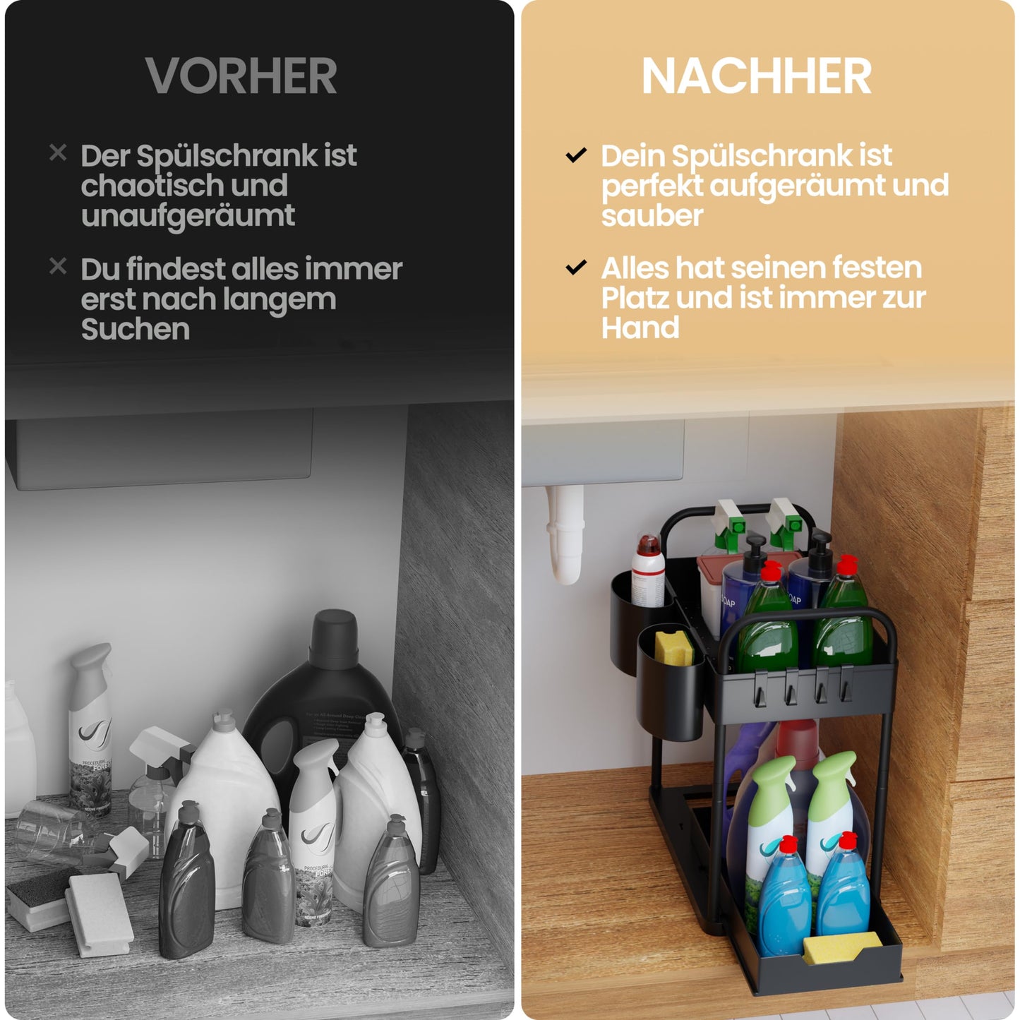 HELDENWERK Unter Waschbecken Regal für Spülenunterschrank höhenverstellbar mit 2 Etagen in schwarz I Küchen Organizer Unterschrank Gewürzregal I Waschbeckenunterschrank Organizer